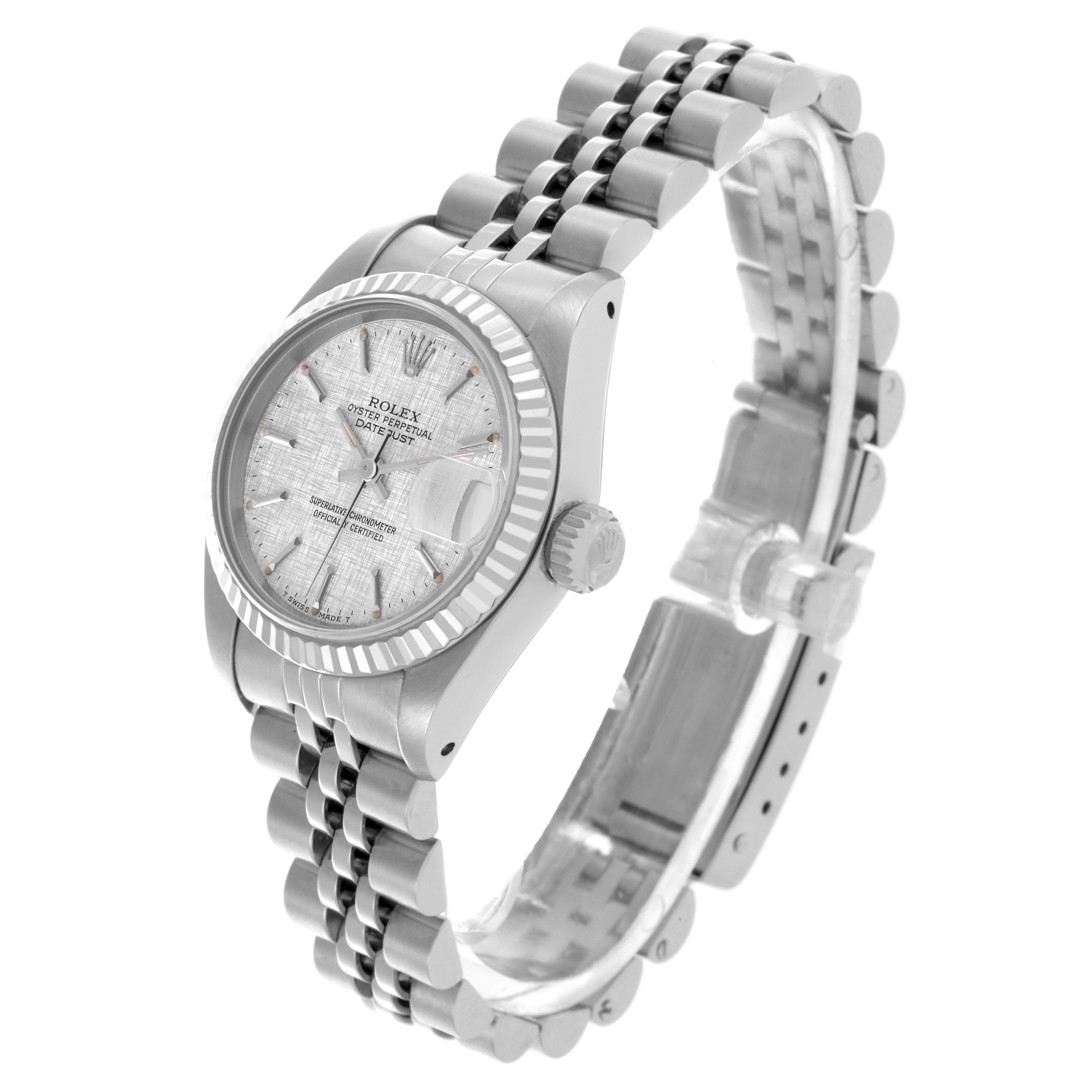 The Rolex Datejust 69174 Women's Stainless Steel Silver Dial 69174 Women's Stainless Steel Silver Dial watch is shown at an angled side view, highlighting its dial, bezel, case, and Jubilee bracelet.