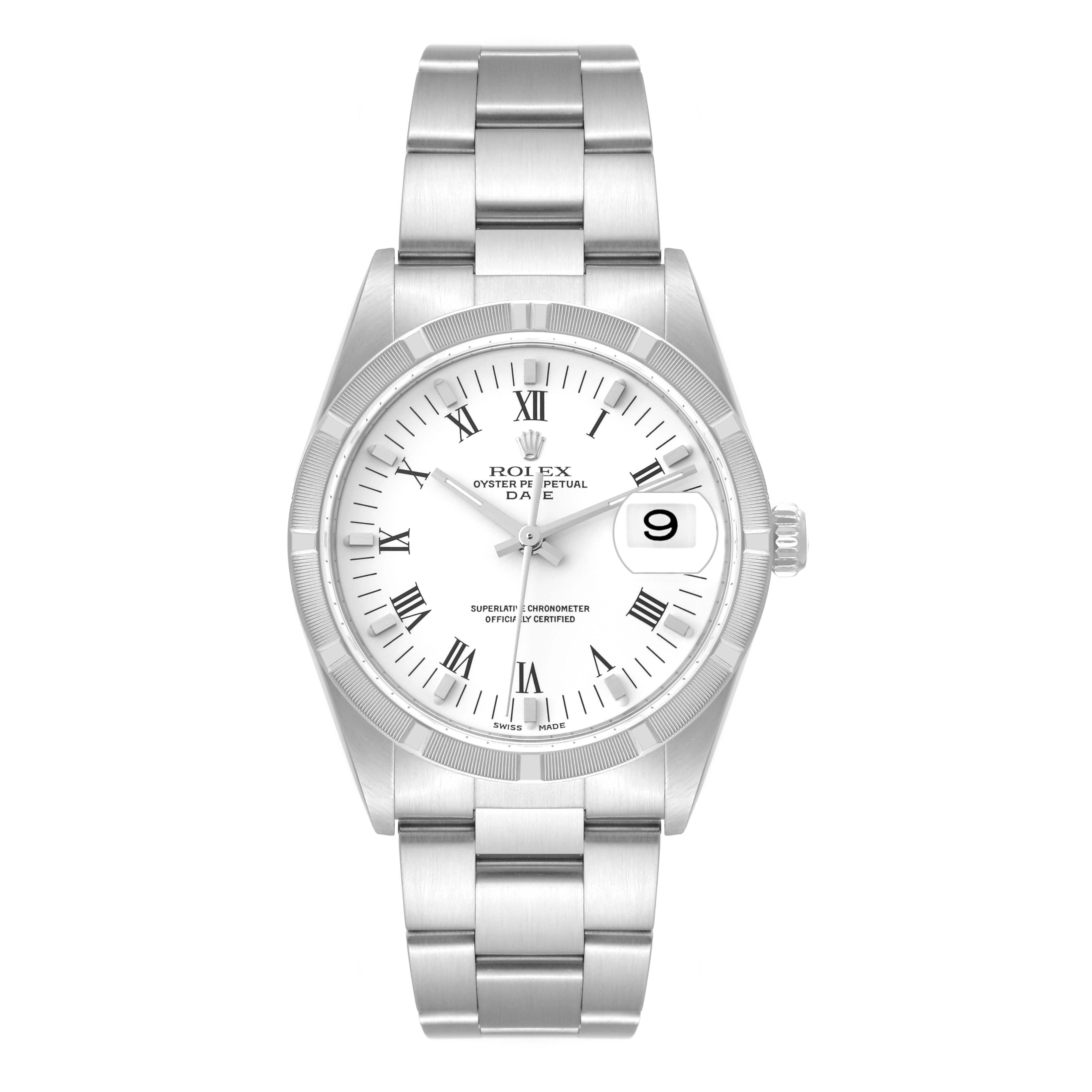 The Rolex Date 15210 Men's Stainless Steel White Dial 15210 Men's Stainless Steel White Dial model watch is shown from a front angle, featuring its dial, bezel, bracelet, and crown.