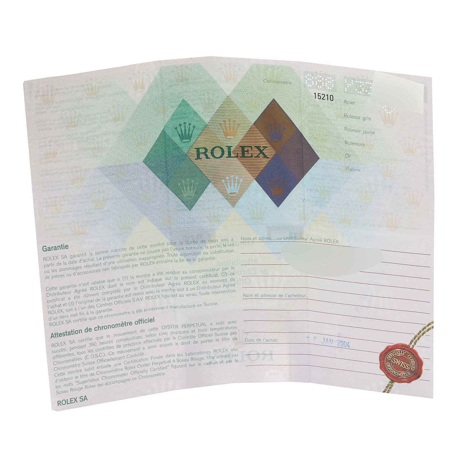 This image shows the opened guarantee certificate for a Rolex Date 15210 Men's Stainless Steel White Dial 15210 Men's Stainless Steel White Dial model watch, featuring various details and security features.