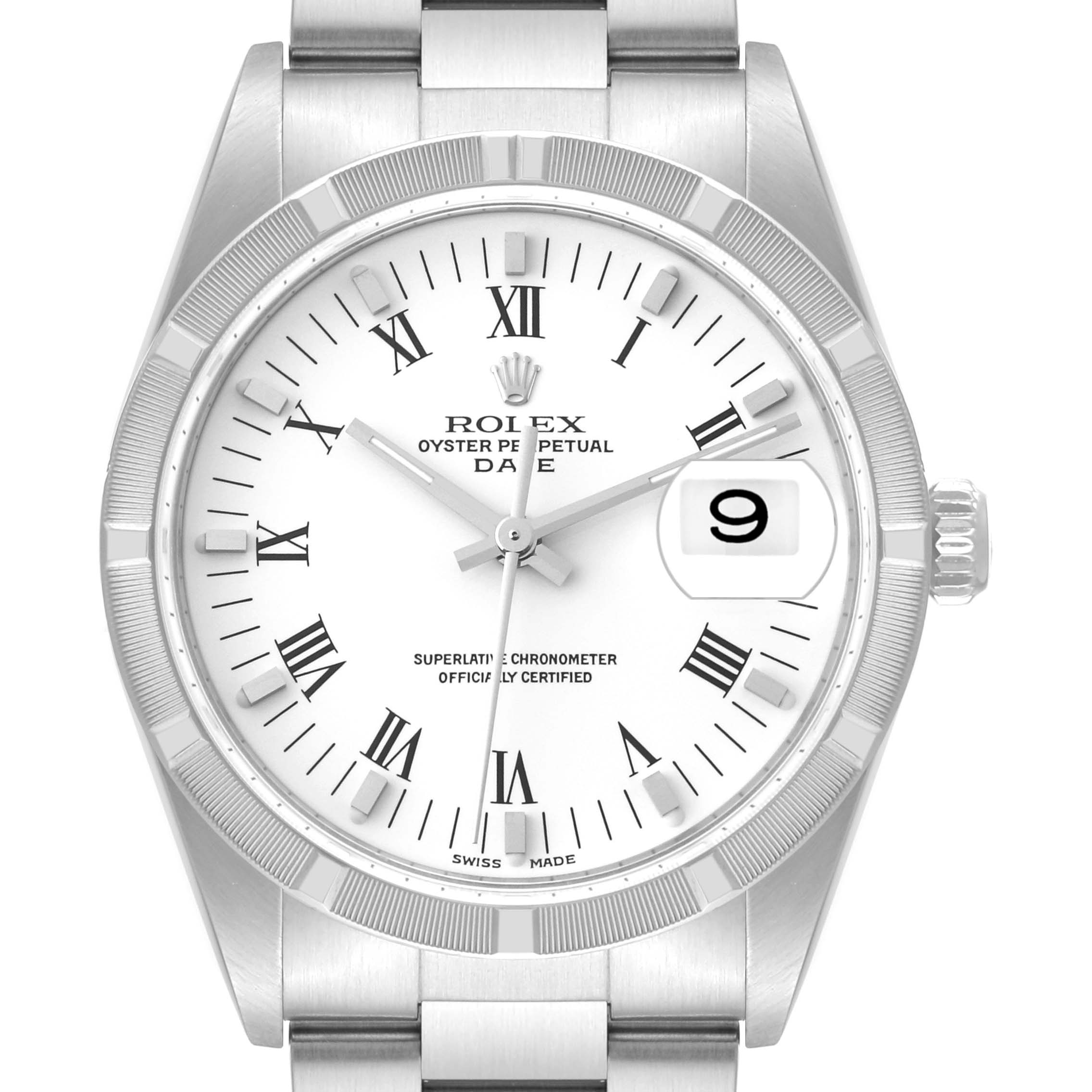 This image shows a Rolex Date 15210 Men's Stainless Steel White Dial 15210 Men's Stainless Steel White Dial model watch from a front angle, highlighting its dial, bezel, and bracelet.