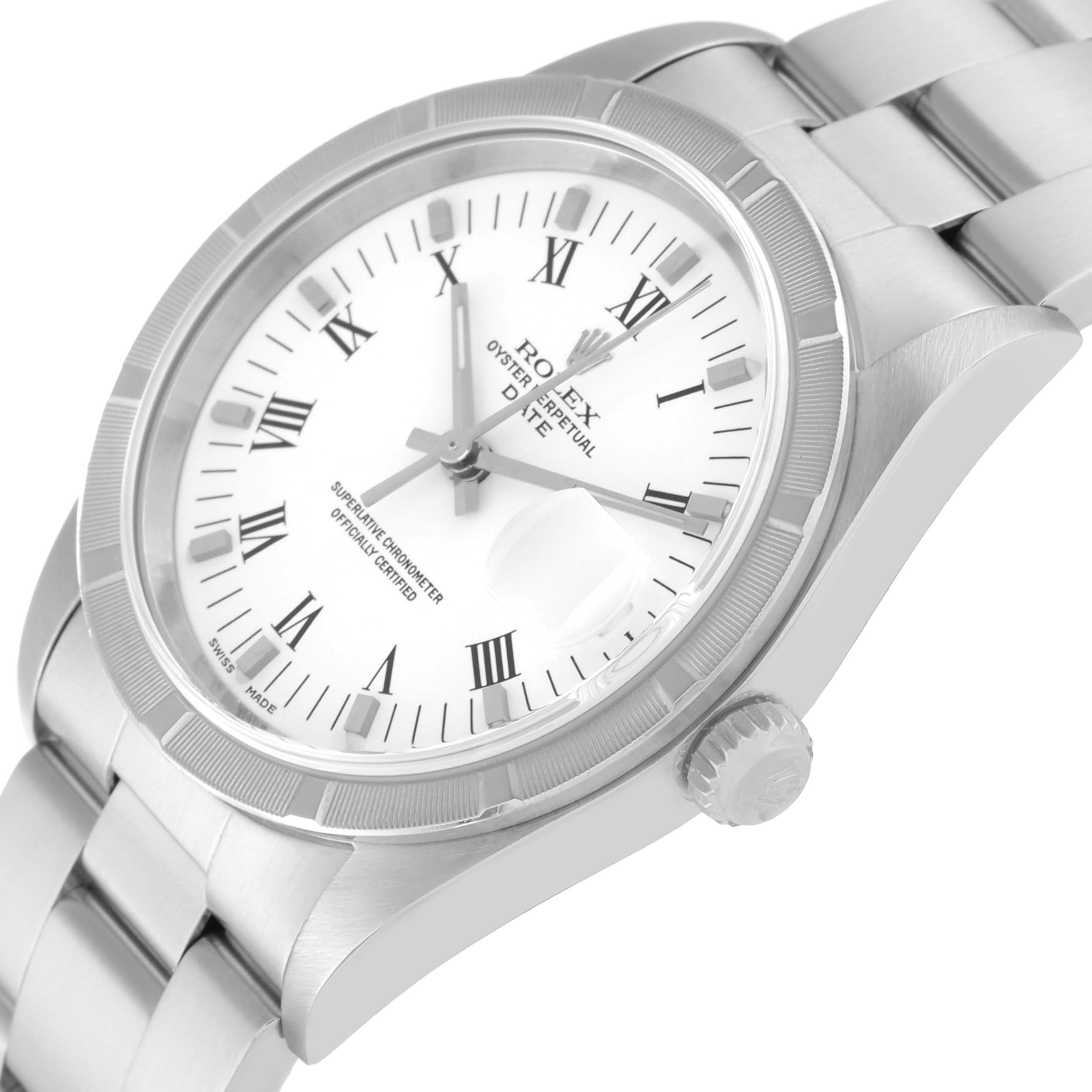 This image shows a Rolex Date 15210 Men's Stainless Steel White Dial 15210 Men's Stainless Steel White Dial model watch angled from the front-left, highlighting the dial, bezel, crown, and part of the bracelet.