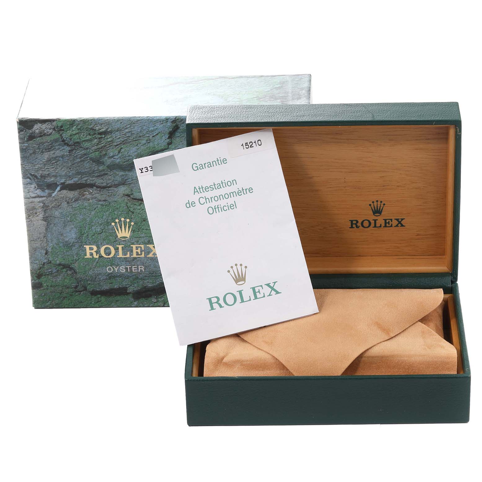 The image shows the open box, outer box, and warranty card for a Rolex Date 15210 Men's Stainless Steel White Dial 15210 Men's Stainless Steel White Dial model watch.