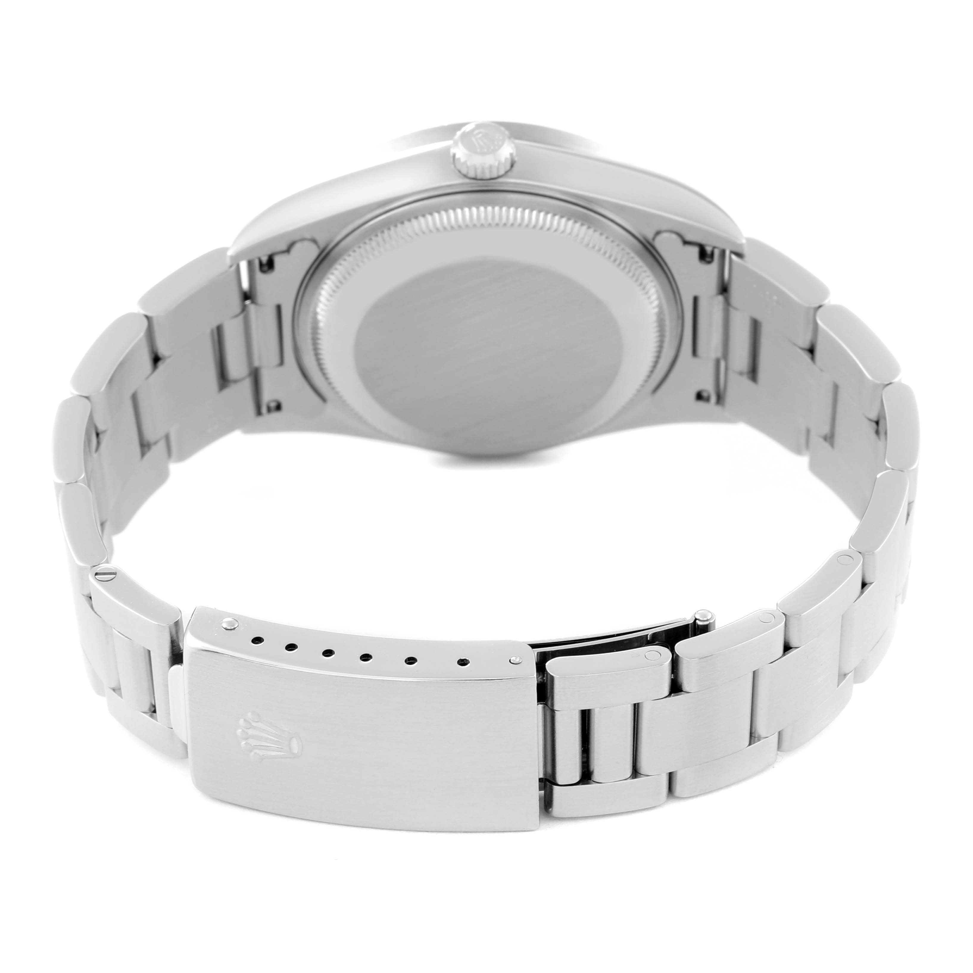 This image shows the back and bracelet of a Rolex Date 15210 Men's Stainless Steel White Dial 15210 Men's Stainless Steel White Dial model watch from a rear angle.