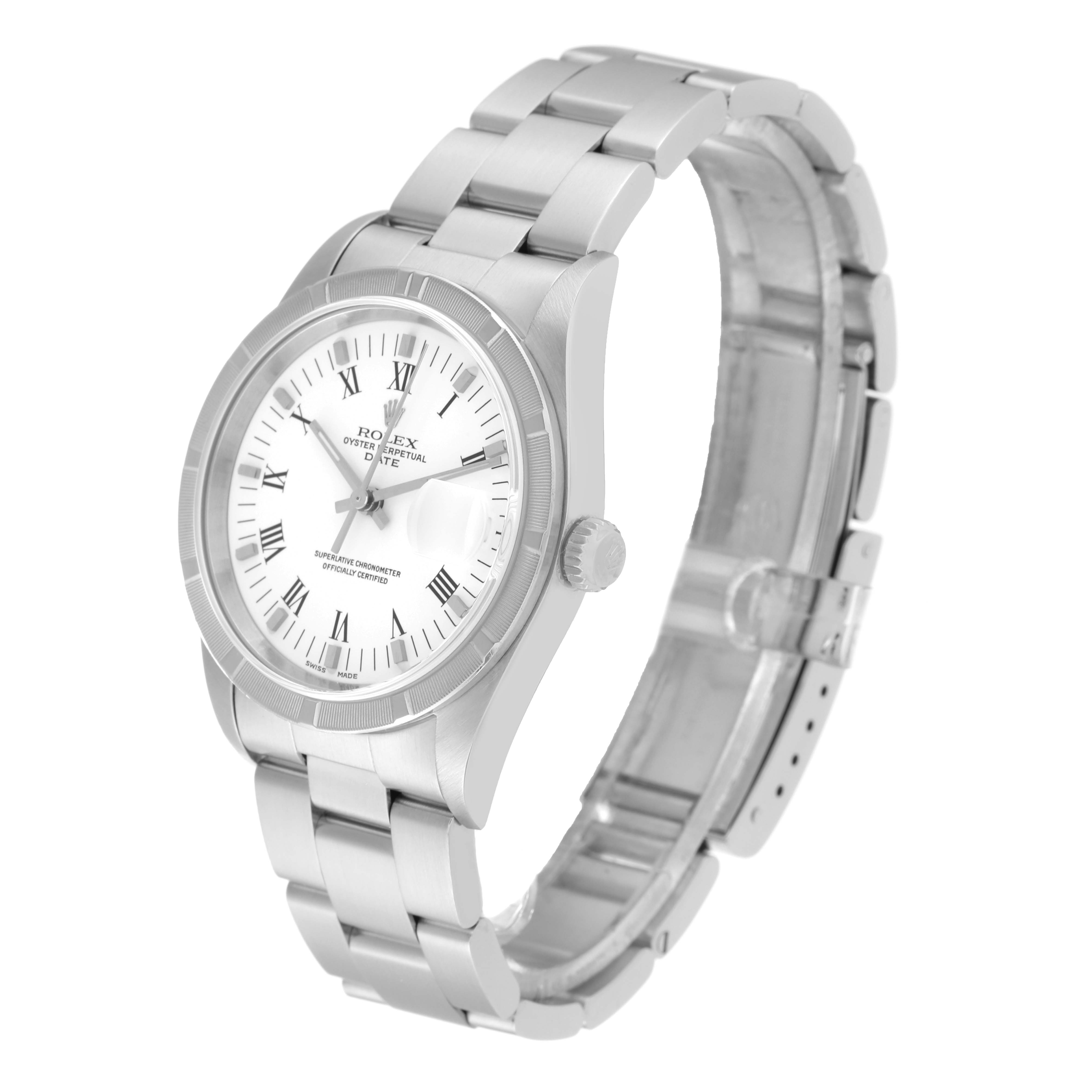 The Rolex Date 15210 Men's Stainless Steel White Dial 15210 Men's Stainless Steel White Dial model watch is viewed from an oblique angle, showing its dial, bezel, crown, and bracelet.