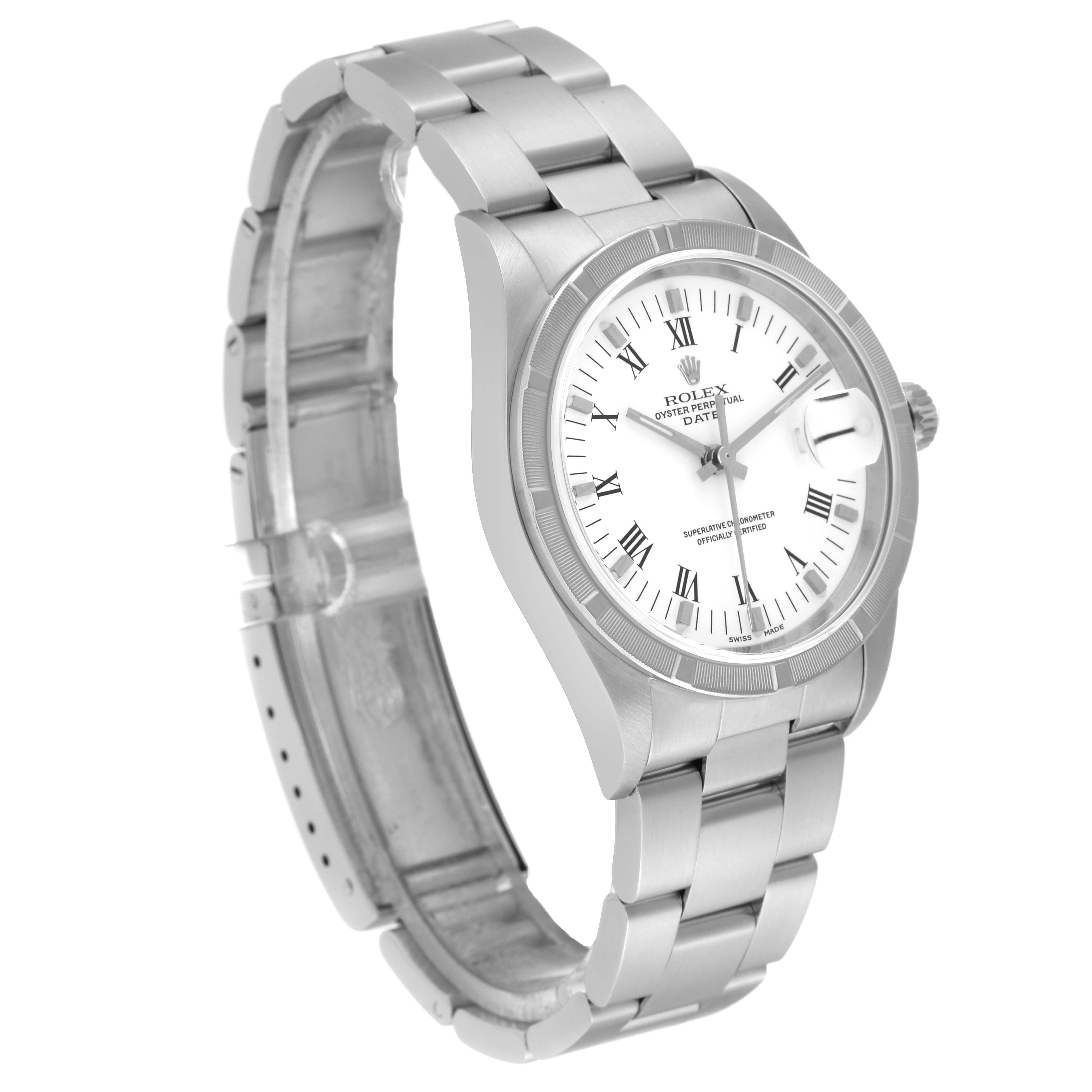 The image shows a Rolex Date 15210 Men's Stainless Steel White Dial 15210 Men's Stainless Steel White Dial watch angled to display its face, bezel, crown, and bracelet.