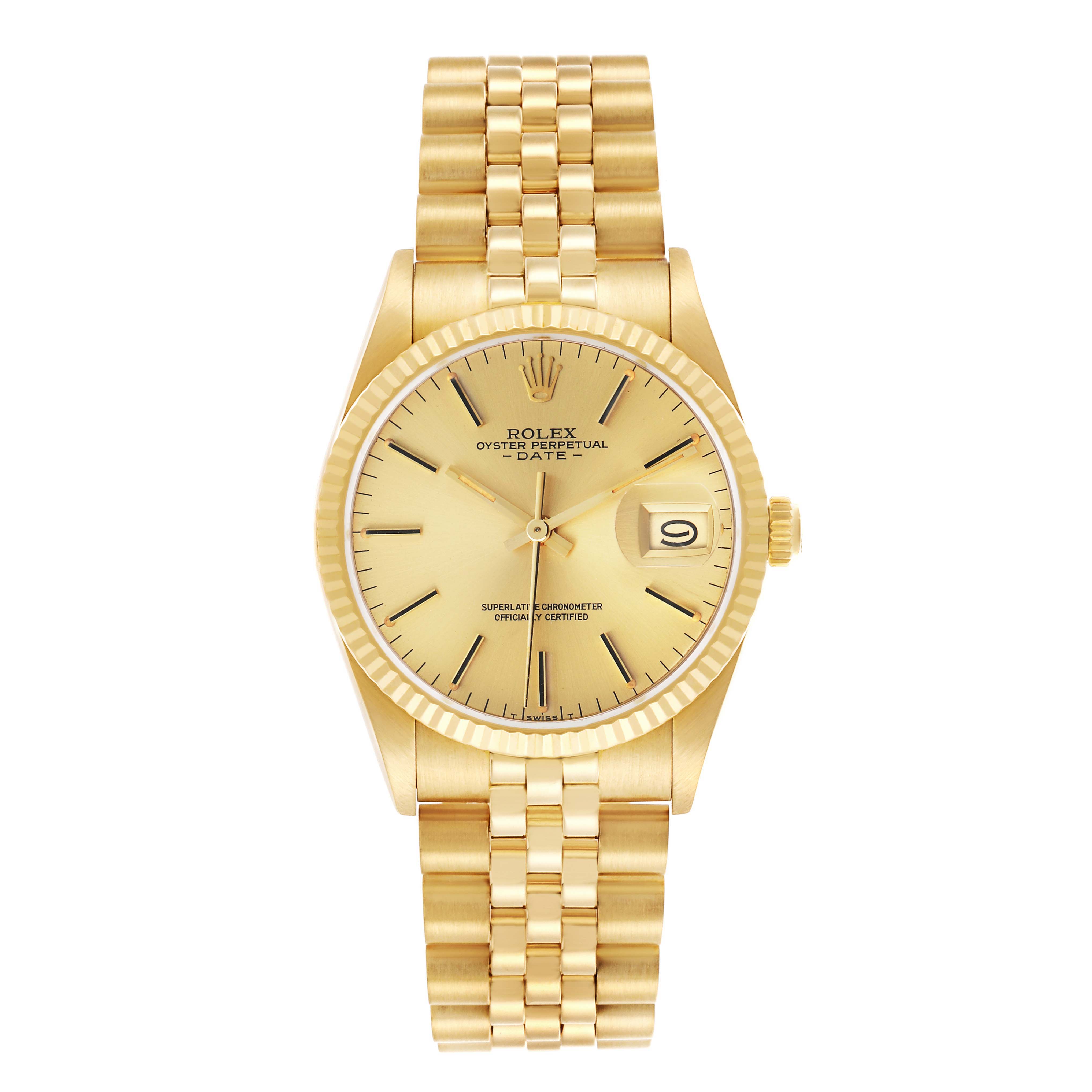 The Rolex Vintage Collection 15037 Men's Yellow Gold Champagne Dial watch is shown from a front angle, displaying the face, bezel, bracelet, and crown.