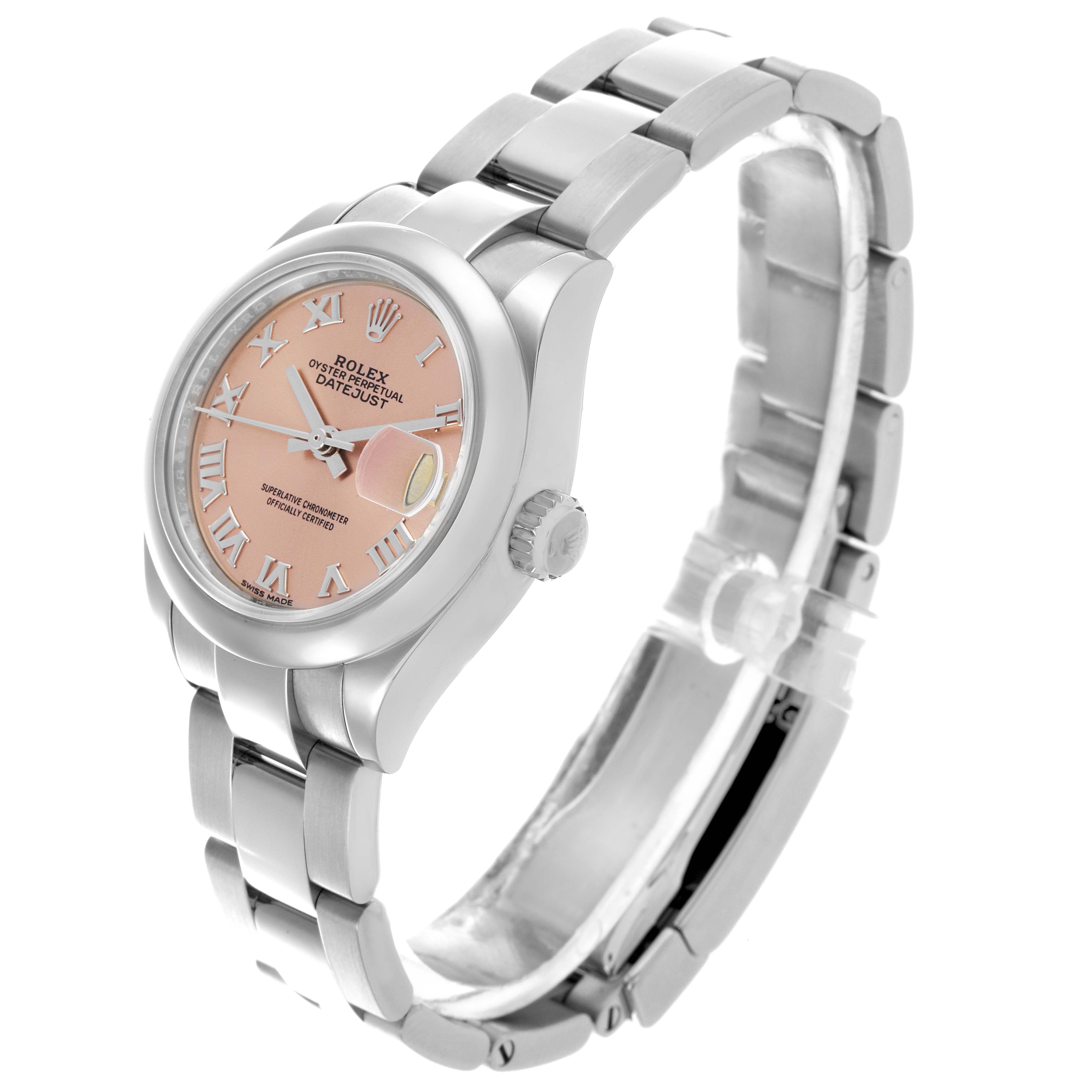 The Rolex Datejust 279160 Women's Stainless Steel Pink Dial 279160 Women's Stainless Steel Pink Dial watch is shown at a side-angle, highlighting the bracelet, case, and pink dial with Roman numerals.
