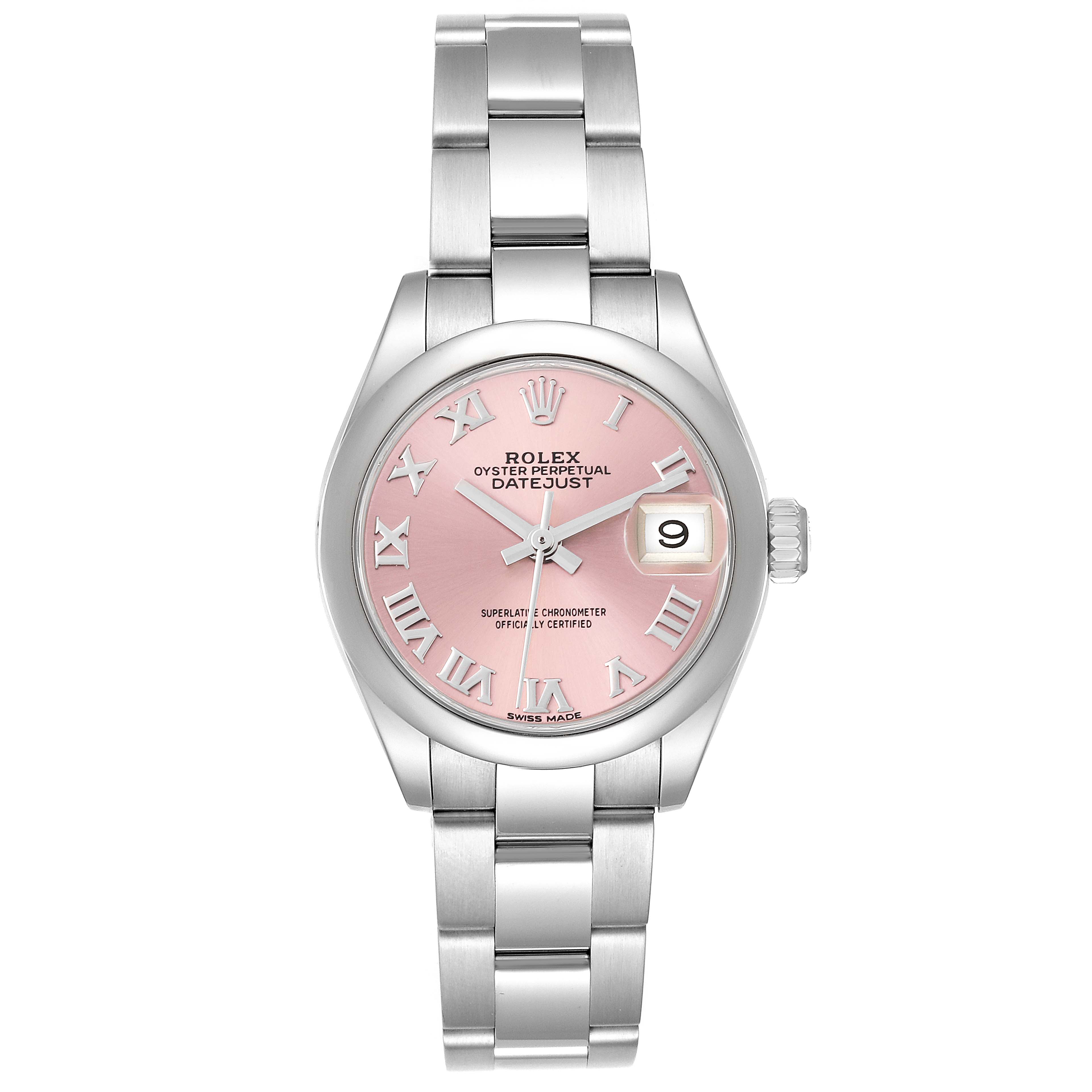 The Rolex Datejust 279160 Women's Stainless Steel Pink Dial 279160 Women's Stainless Steel Pink Dial watch is shown from a front angle, highlighting its pink dial, Roman numerals, date window, and metal bracelet.