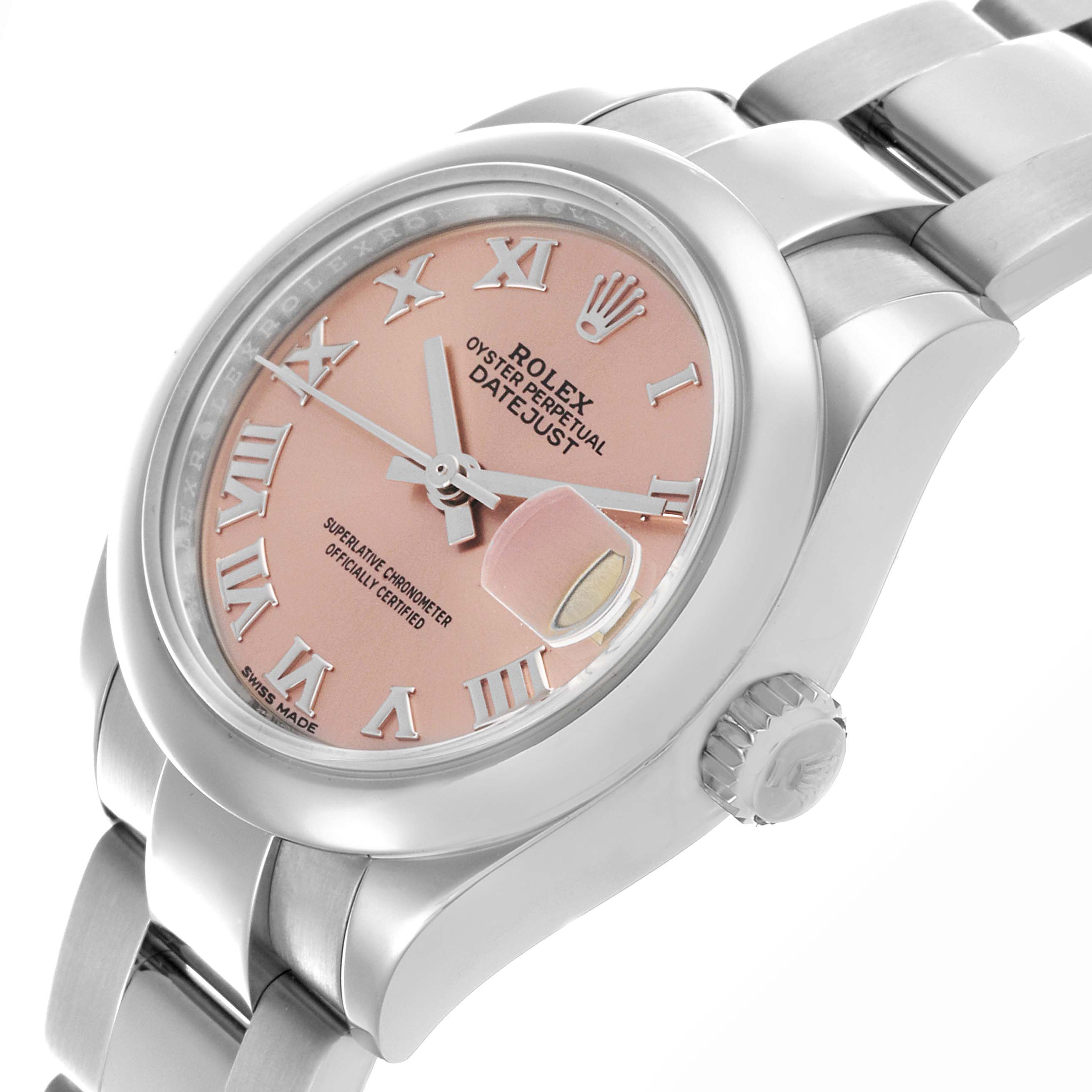 The Rolex Datejust 279160 Women's Stainless Steel Pink Dial 279160 Women's Stainless Steel Pink Dial watch is shown at a slight angle, displaying its pink dial, Roman numerals, cyclops lens, and bracelet.