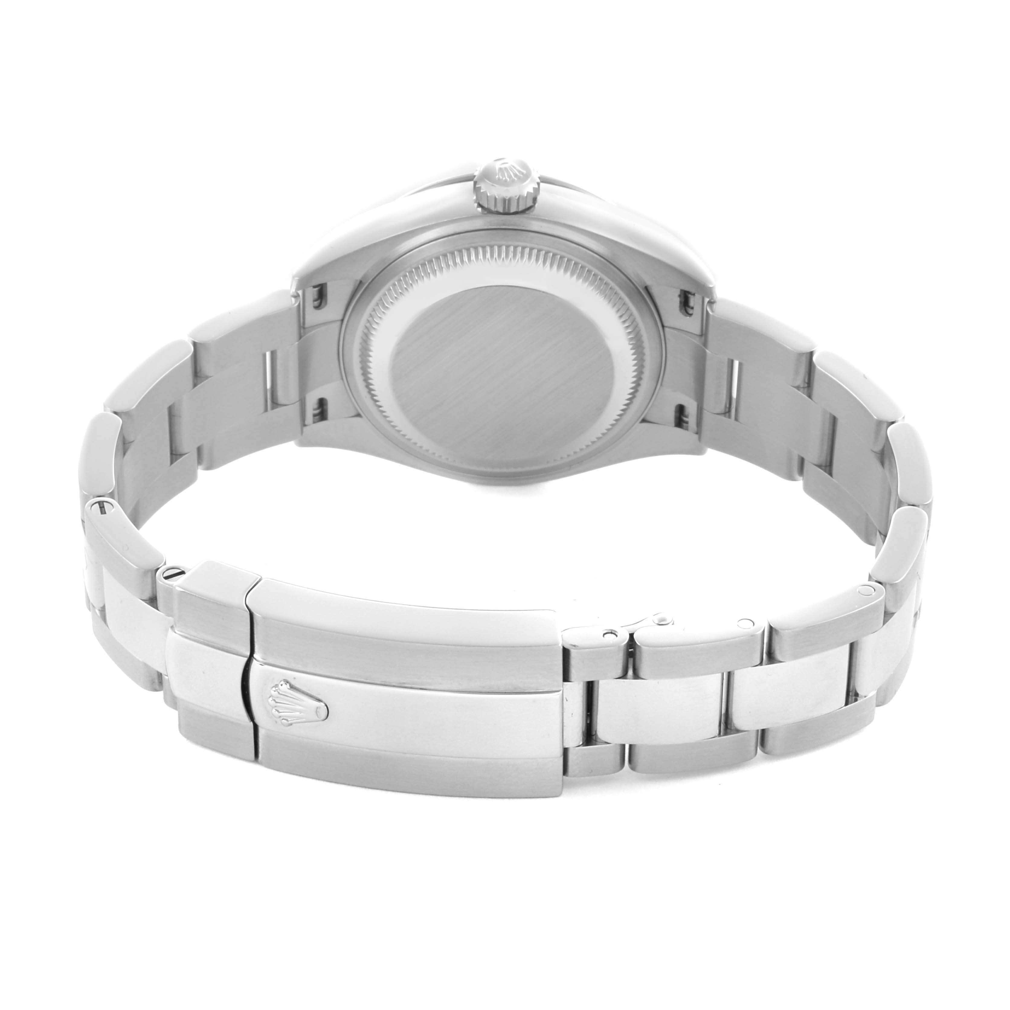 The image shows the back view of a Rolex Datejust 279160 Women's Stainless Steel Pink Dial 279160 Women's Stainless Steel Pink Dial watch, highlighting the bracelet and case back.