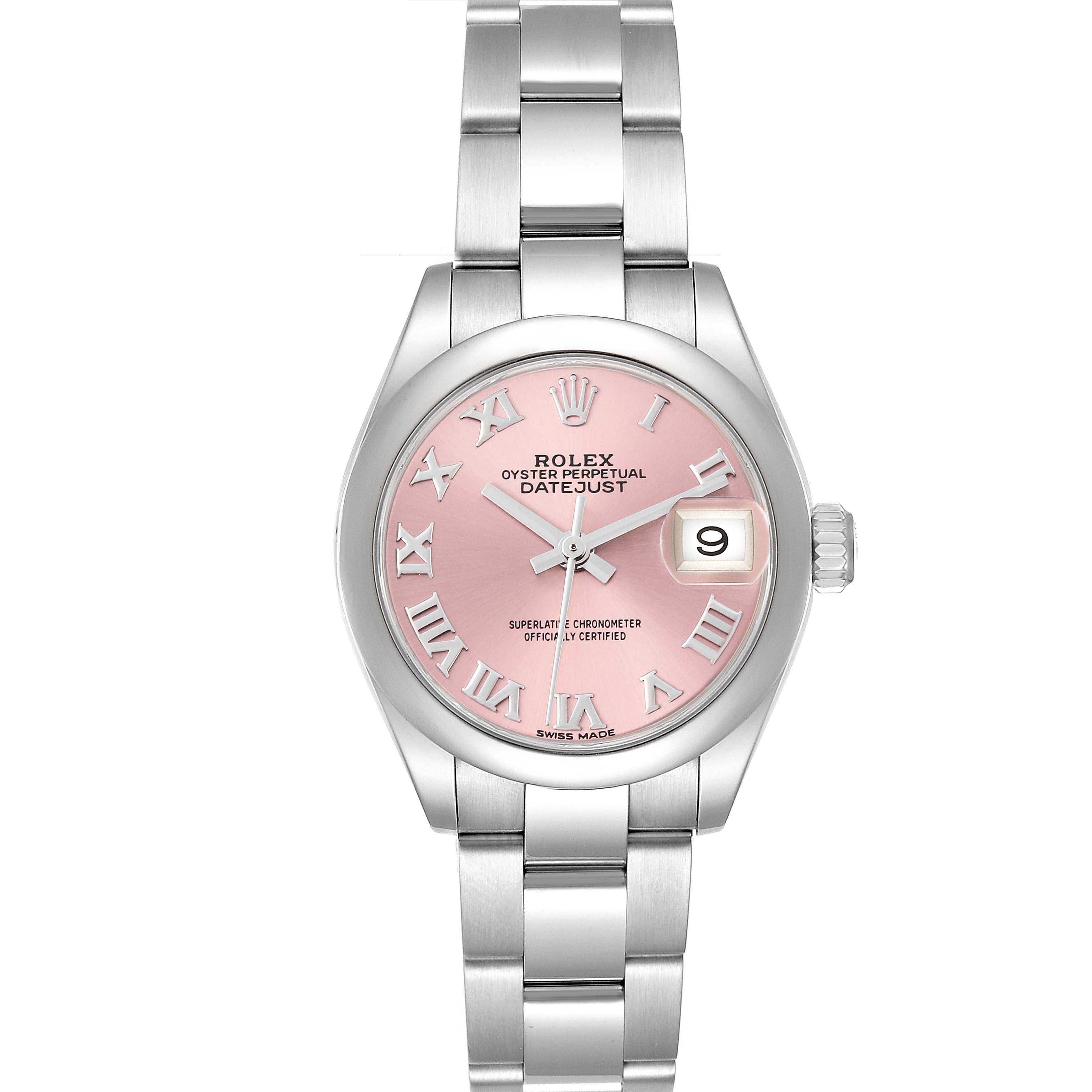 The Rolex Datejust 279160 Women's Stainless Steel Pink Dial 279160 Women's Stainless Steel Pink Dial watch is shown from a front angle, displaying the pink dial, Roman numerals, and silver bracelet.