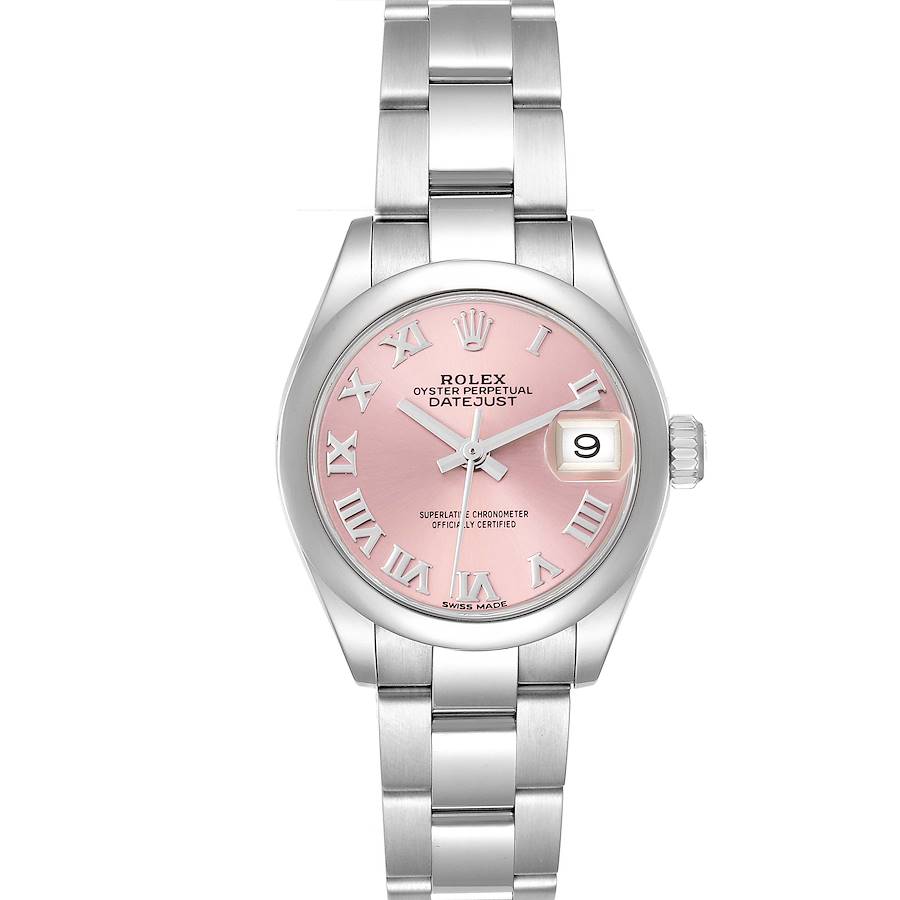 The Rolex Datejust watch is shown from a front angle, displaying the pink dial, Roman numerals, and silver bracelet.