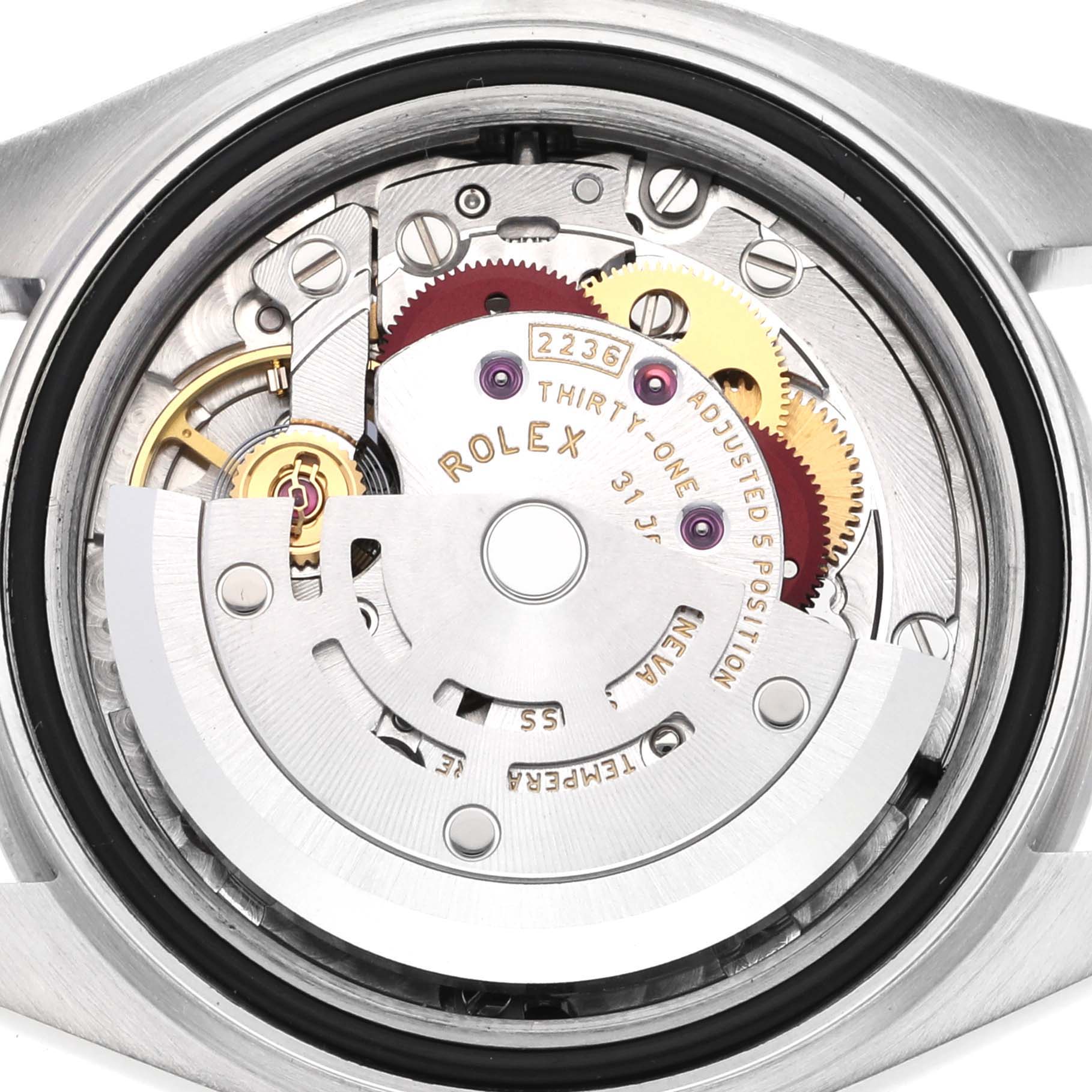 The image shows the back view of a Rolex Datejust 279160 Women's Stainless Steel Pink Dial 279160 Women's Stainless Steel Pink Dial, highlighting its intricate mechanical movement components.