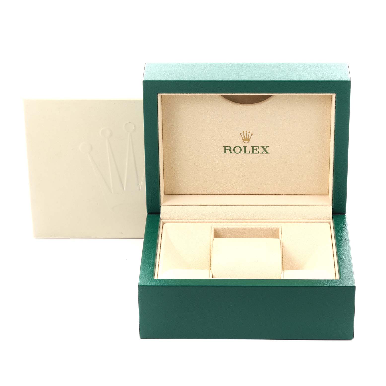 The image shows a Rolex Datejust 279160 Women's Stainless Steel Pink Dial 279160 Women's Stainless Steel Pink Dial watch box at a frontal angle, with the lid open, revealing its beige interior.