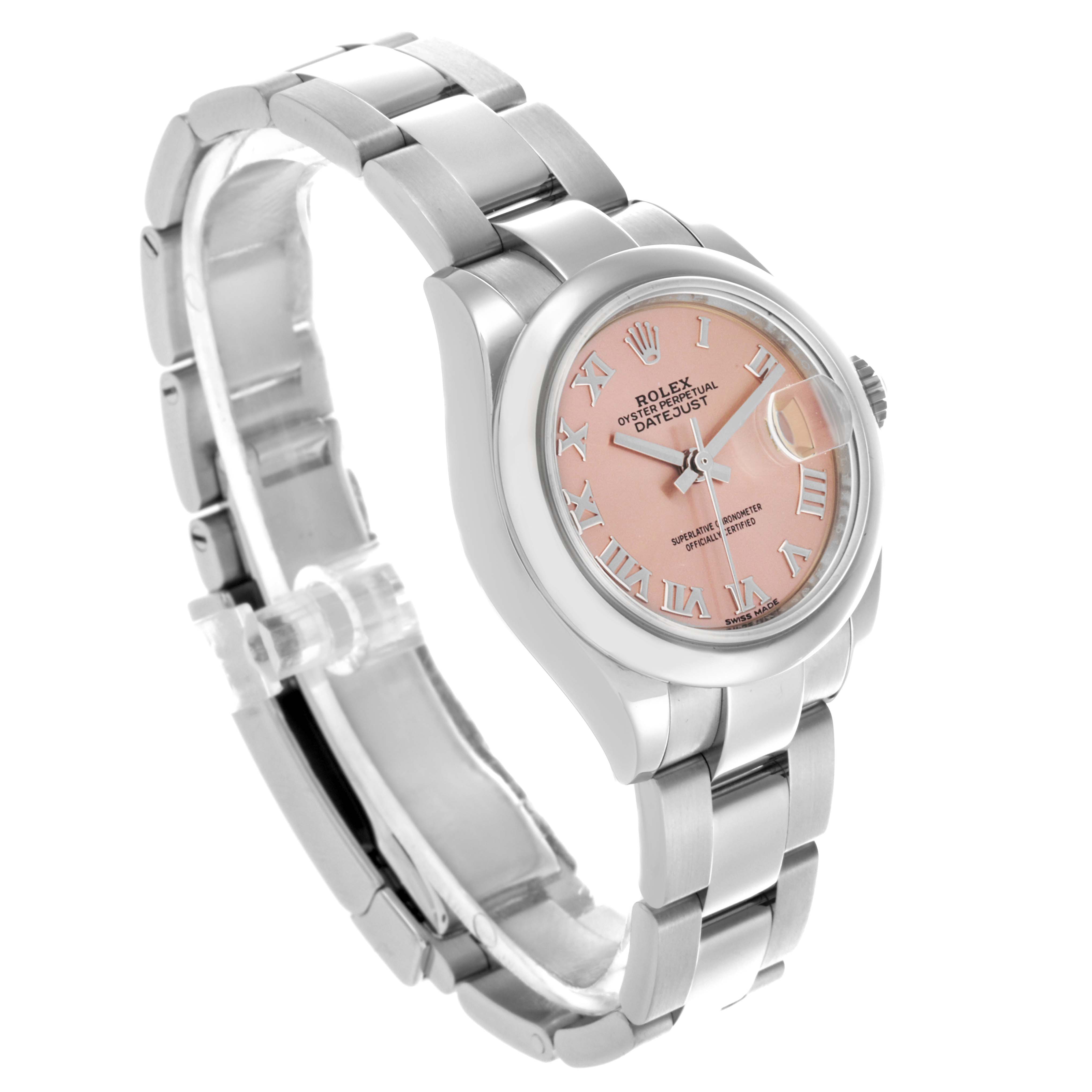 The Rolex Datejust 279160 Women's Stainless Steel Pink Dial 279160 Women's Stainless Steel Pink Dial watch is shown at a three-quarter angle, highlighting the pink dial, bezel, and bracelet.