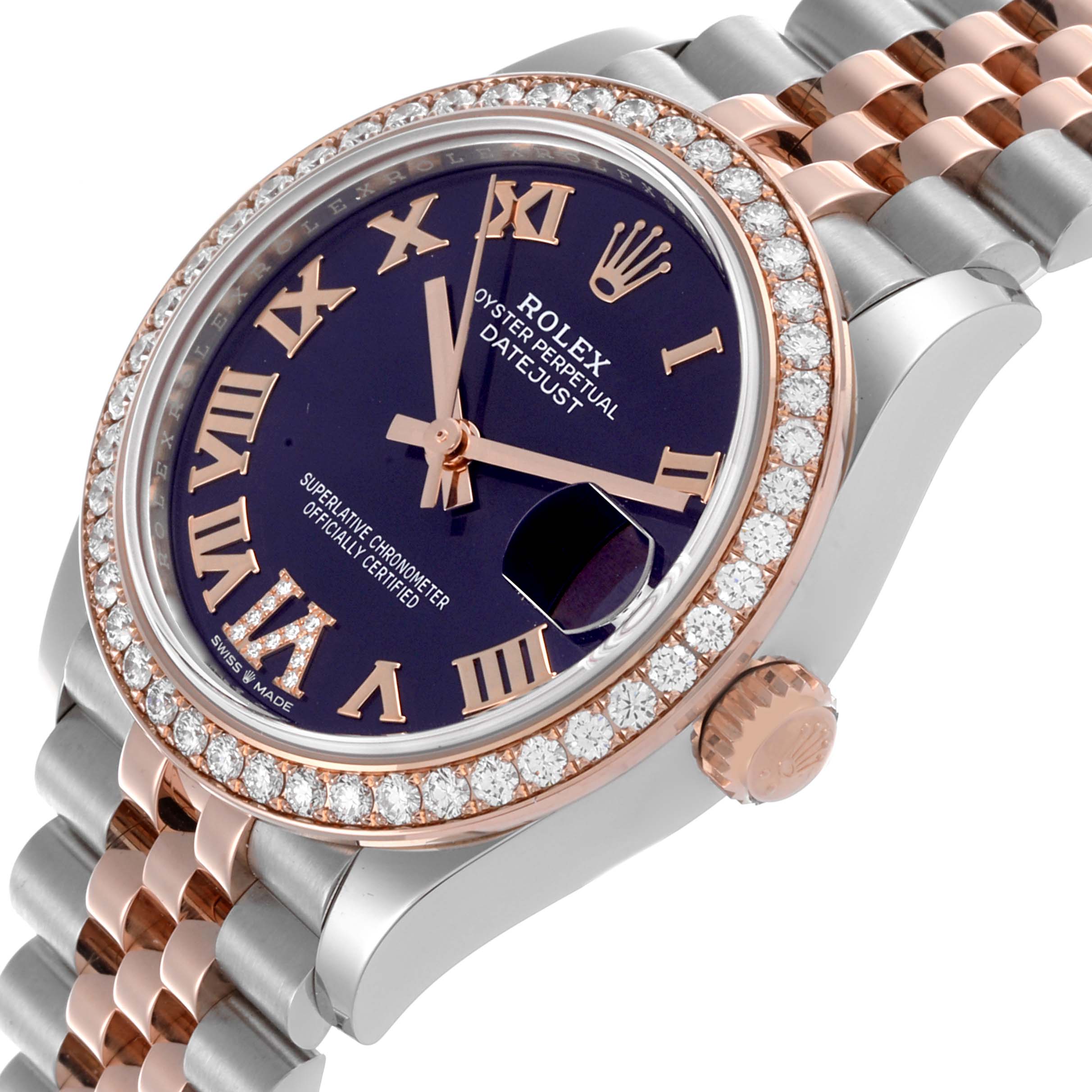 The image shows a side angle of the Rolex Datejust Mid-Size watch, highlighting the diamond bezel, dial, and two-tone bracelet.