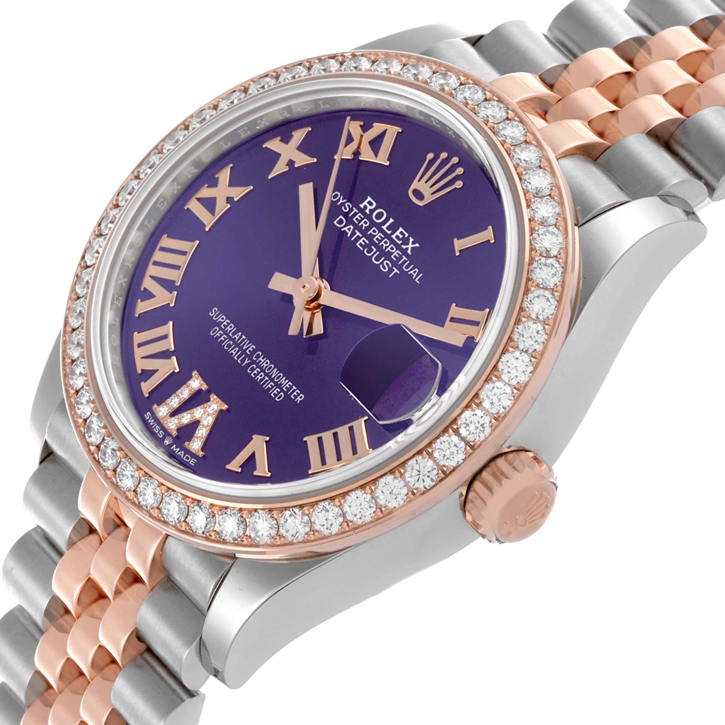 The Rolex Mid-Size 278381RBR-0020 Women's Steel and Gold (two tone) Purple Dial watch is shown at an angled side view, highlighting the dial, bezel, crown, and bracelet.