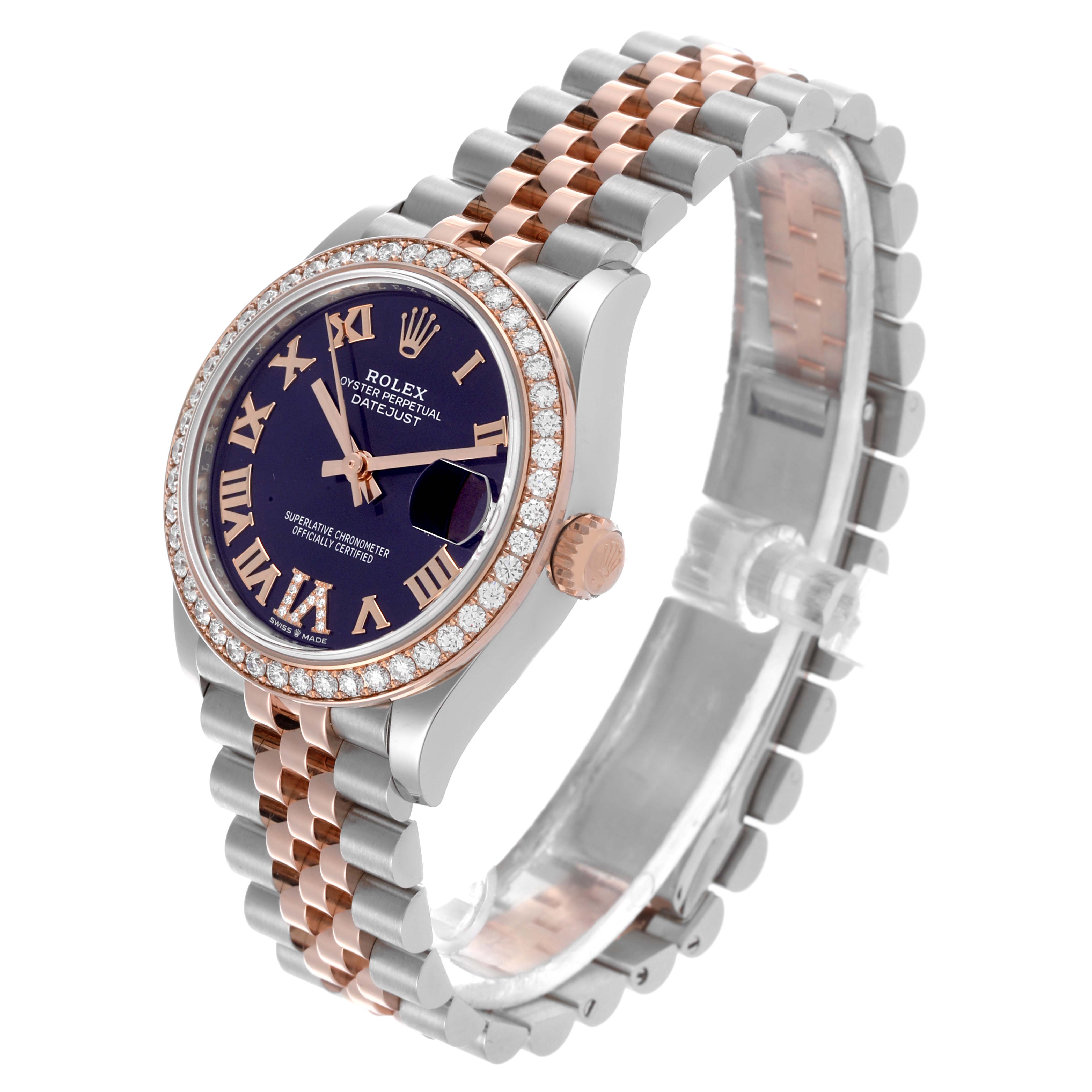 The Rolex Mid-Size 278381RBR-0020 Women
s Steel and Gold (two tone) Purple Dial 278381RBR-0020 Women
s Steel and Gold (two tone) Purple Dial watch is shown at a three-quarter angle featuring the face, bezel, crown, and bracelet.