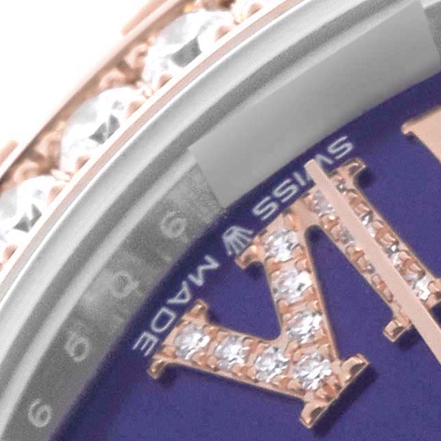 The image shows a close-up of a Rolex Mid-Size 278381RBR-0020 Women's Steel and Gold (two tone) Purple Dial model focusing on the bezel and part of the dial with diamond-set numerals.