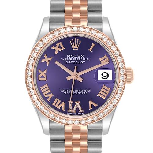The Rolex Mid-Size 278381RBR-0020 Women's Steel and Gold (two tone) Purple Dial model is shown from a direct front angle, highlighting the bezel, dial, and bracelet.
