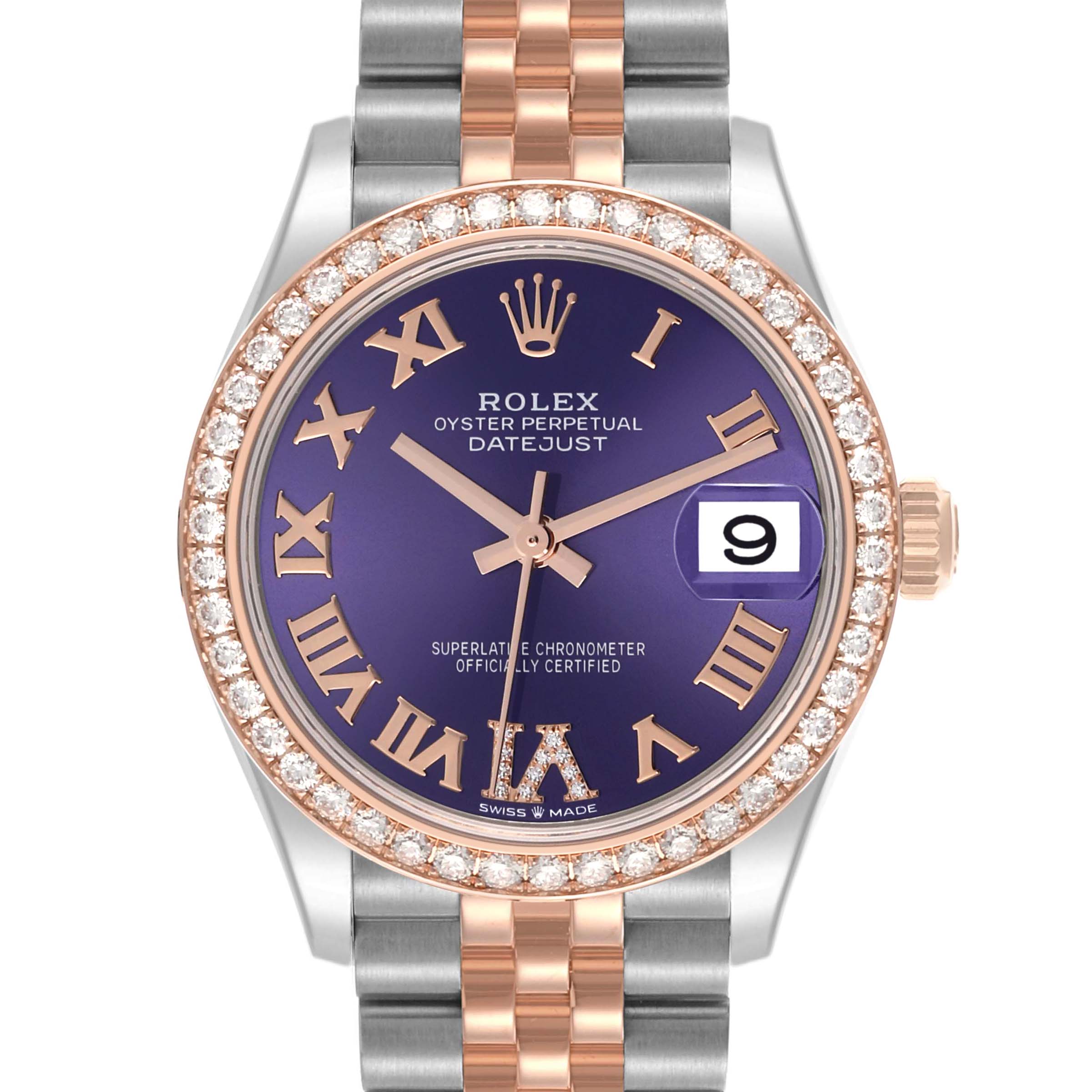 The Rolex Datejust Mid-Size watch is shown from a front view, highlighting the dial, bezel, and bracelet.