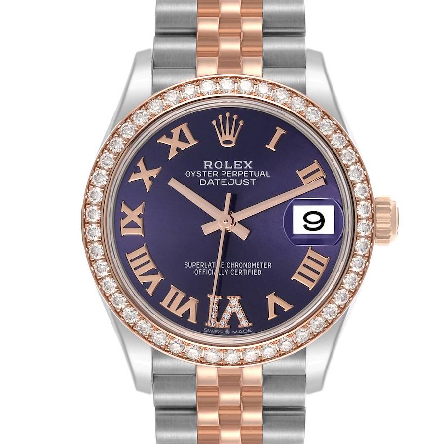 The Rolex Datejust Mid-Size watch is shown from a front angle, highlighting the face, bezel, and part of the bracelet.