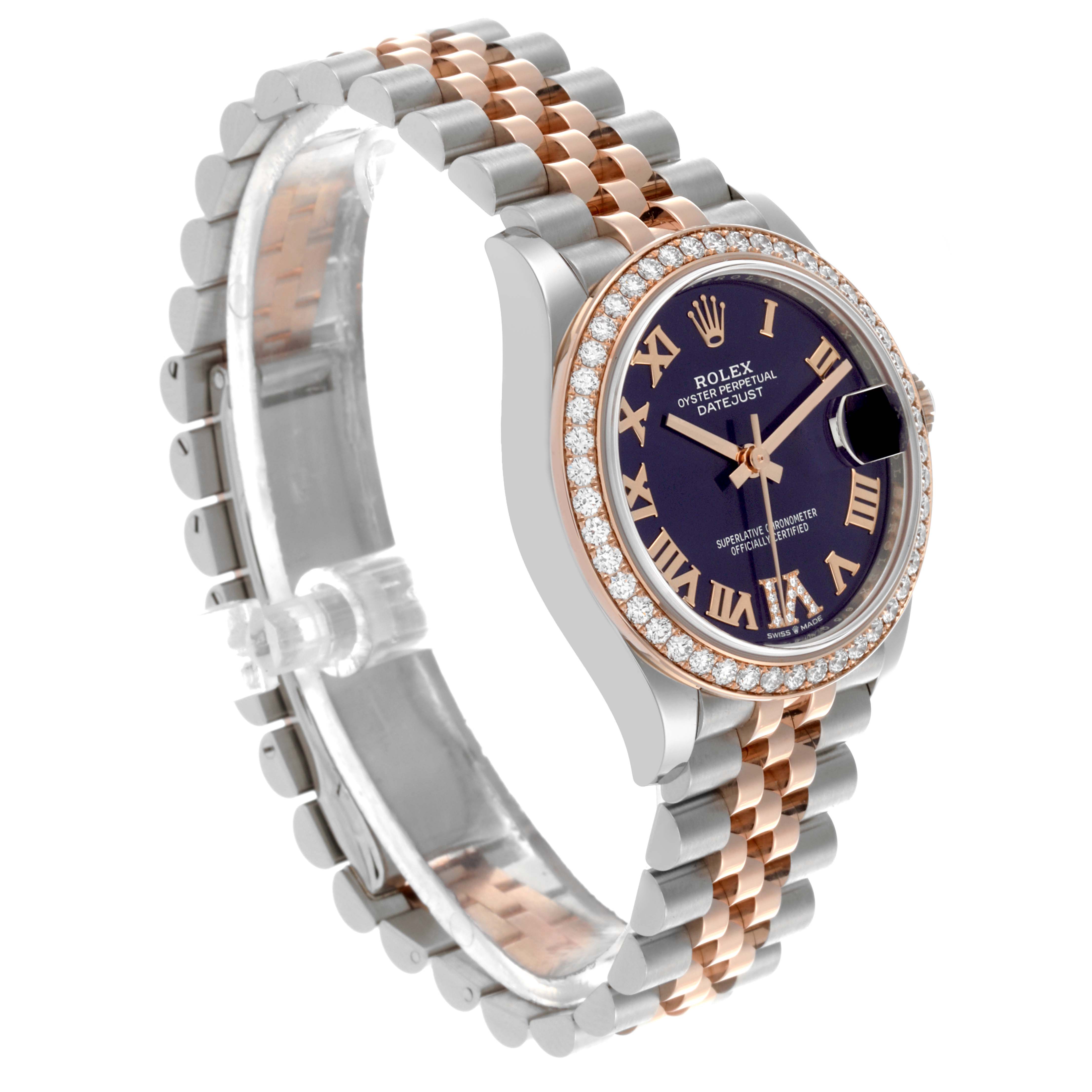 The Rolex Mid-Size 278381RBR-0020 Women
s Steel and Gold (two tone) Purple Dial 278381RBR-0020 Women
s Steel and Gold (two tone) Purple Dial watch is shown at a three-quarter angle, highlighting its jubilee bracelet and diamond-set bezel.