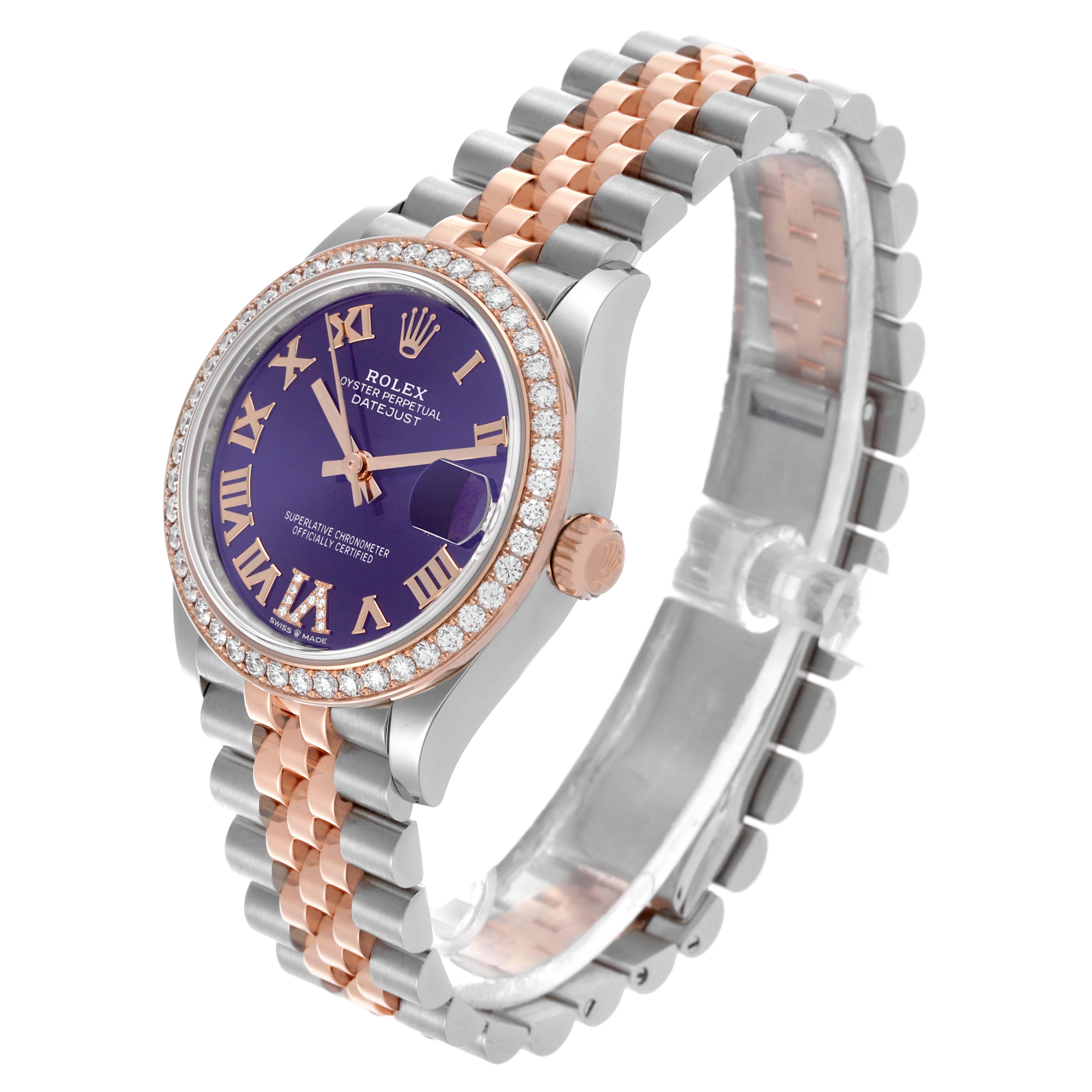 The Rolex Mid-Size 278381RBR-0020 Women's Steel and Gold (two tone) Purple Dial watch is shown at a three-quarter angle, displaying the dial, bezel, and bracelet.