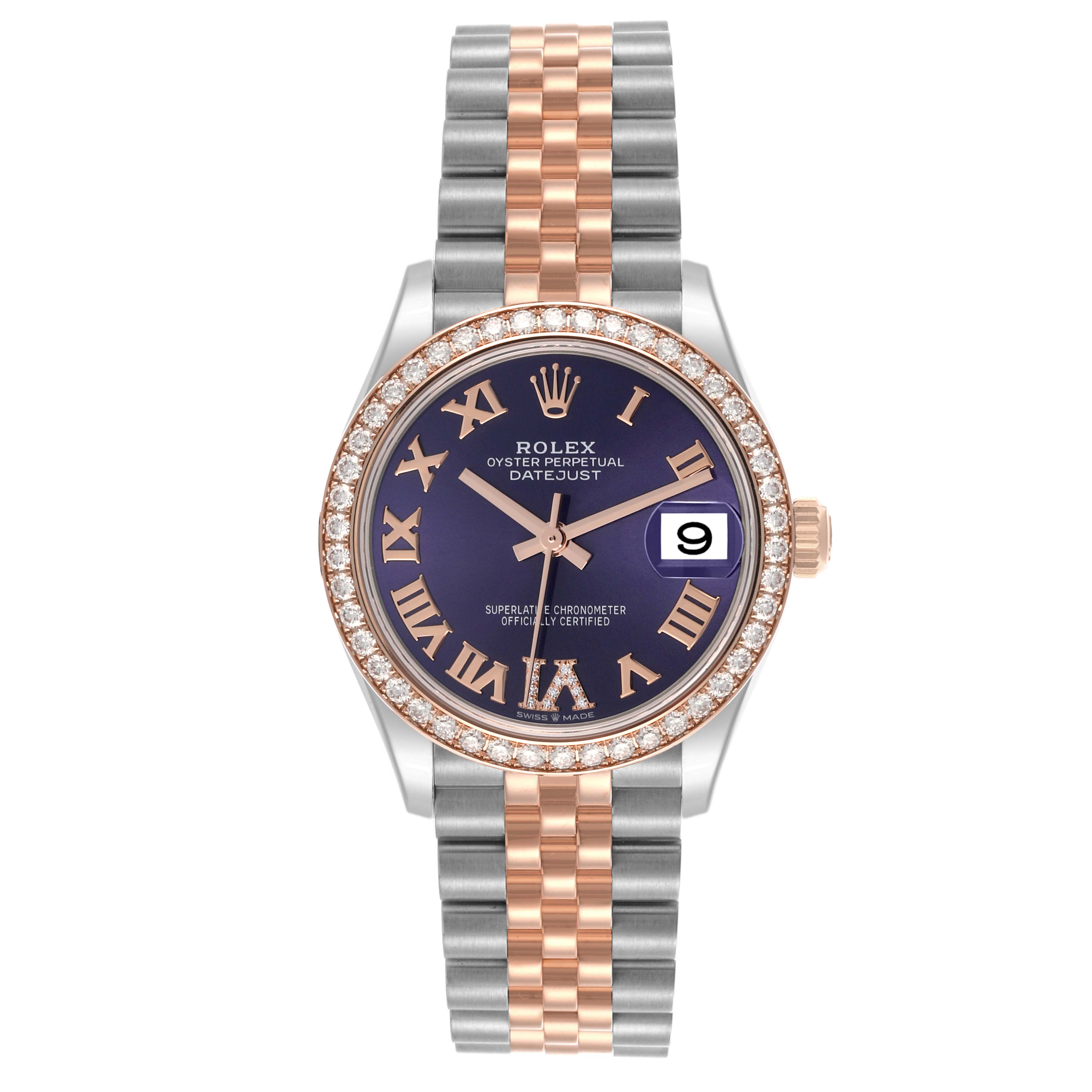 The Rolex Mid-Size 278381RBR-0020 Women
s Steel and Gold (two tone) Purple Dial 278381RBR-0020 Women
s Steel and Gold (two tone) Purple Dial watch is shown from a top-down angle, displaying the face, bezel, and bracelet.