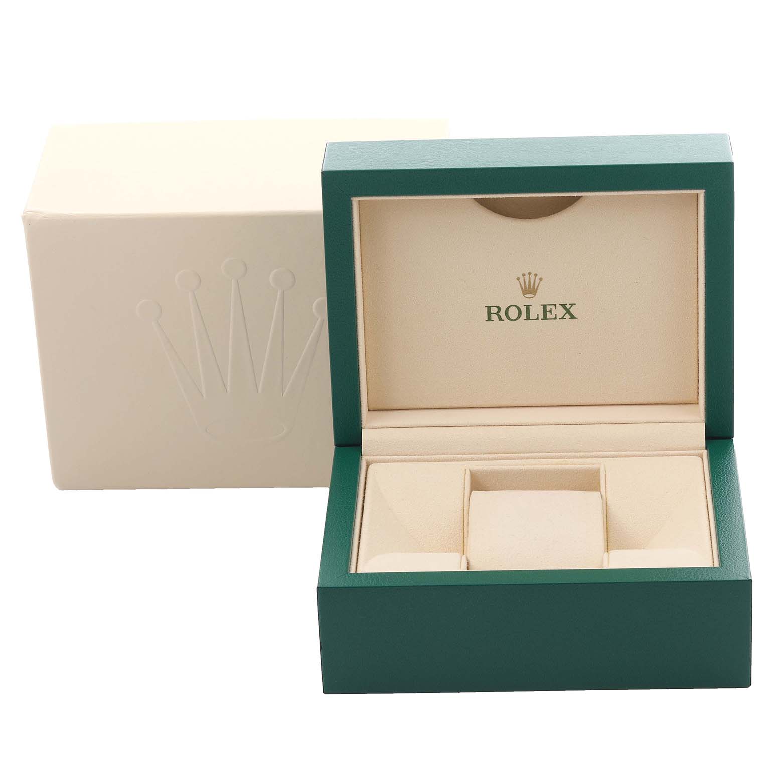 The image shows a Rolex watch box for a Mid-Size model with an outer box and a plush interior.