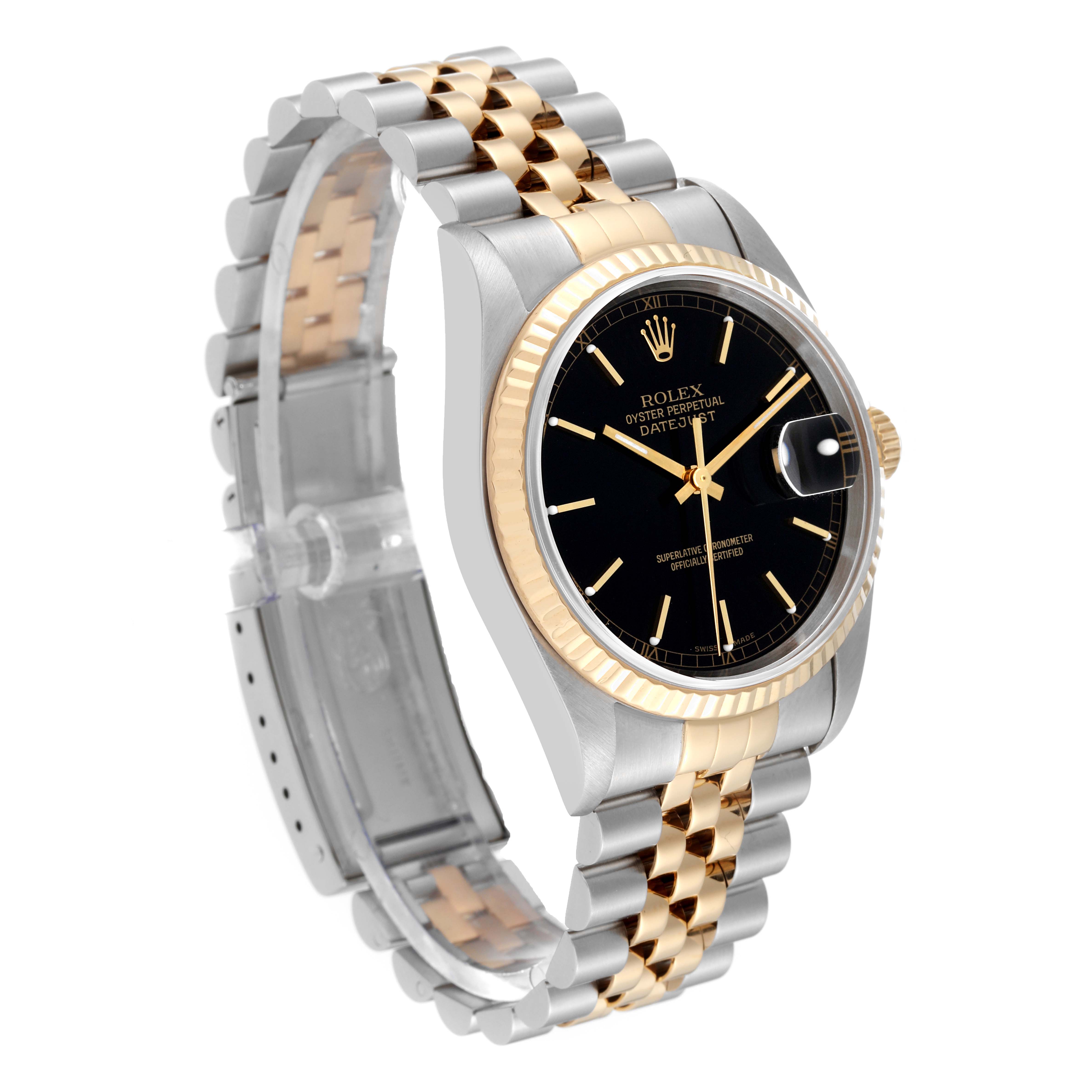 The image shows a Rolex Datejust 16233 Men's Steel and Gold (two tone) Black Dial 16233 Men's Steel and Gold (two tone) Black Dial watch at a three-quarter angle, featuring a two-tone bracelet, a black dial, and a fluted bezel.