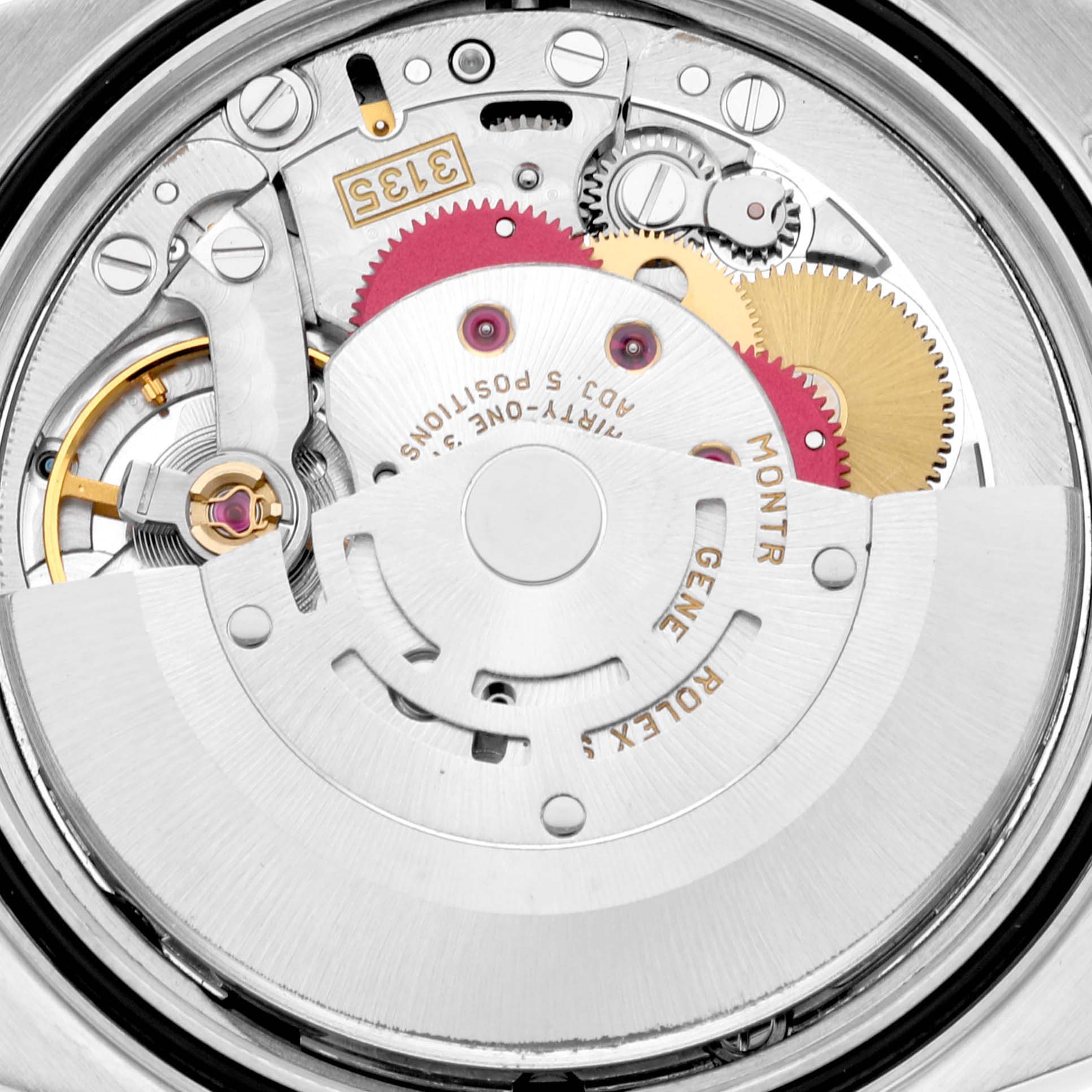 This image shows the intricate movement and inner gears of a Rolex Datejust 16233 Men's Steel and Gold (two tone) Black Dial 16233 Men's Steel and Gold (two tone) Black Dial watch at a close-up, top-down angle.
