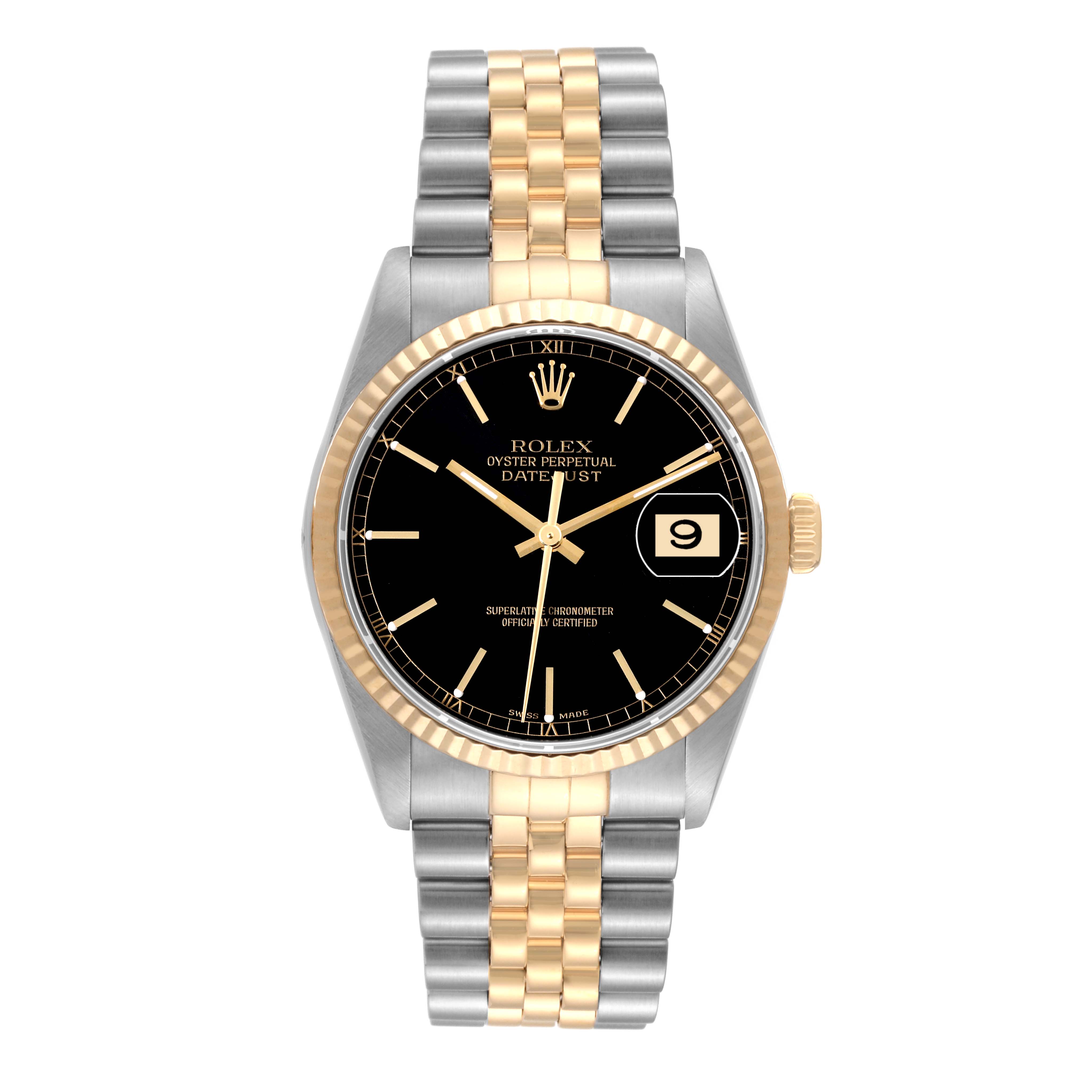 The Rolex Datejust 16233 Men's Steel and Gold (two tone) Black Dial 16233 Men's Steel and Gold (two tone) Black Dial model watch is shown from a front angle, displaying the dial, bezel, and bracelet.