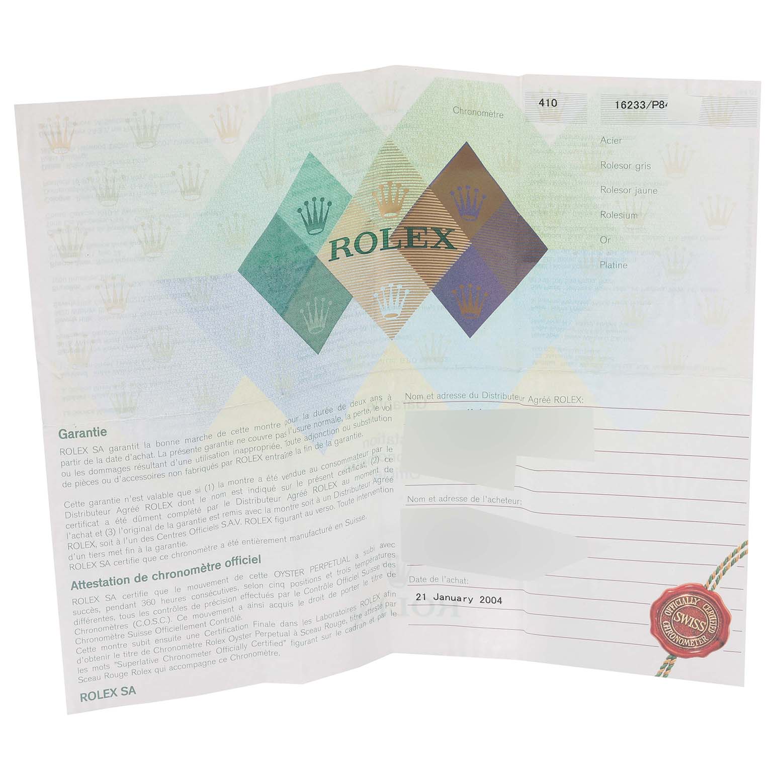 This image shows the warranty card and official chronometer certification for a Rolex Datejust 16233 Men's Steel and Gold (two tone) Black Dial 16233 Men's Steel and Gold (two tone) Black Dial watch.