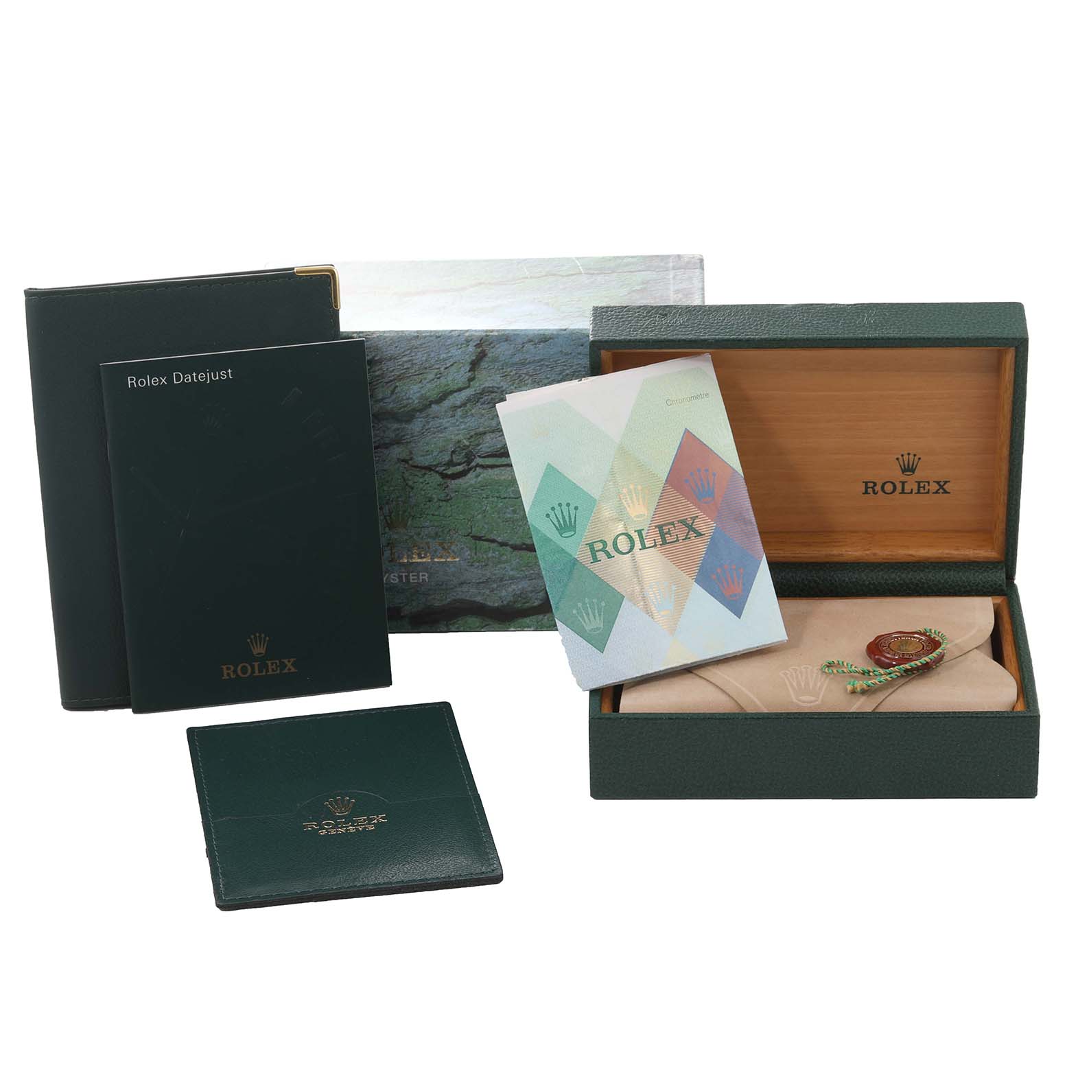 The image shows packaging and manuals for a Rolex Datejust 16233 Men's Steel and Gold (two tone) Black Dial 16233 Men's Steel and Gold (two tone) Black Dial; a box, documents, and a tag.