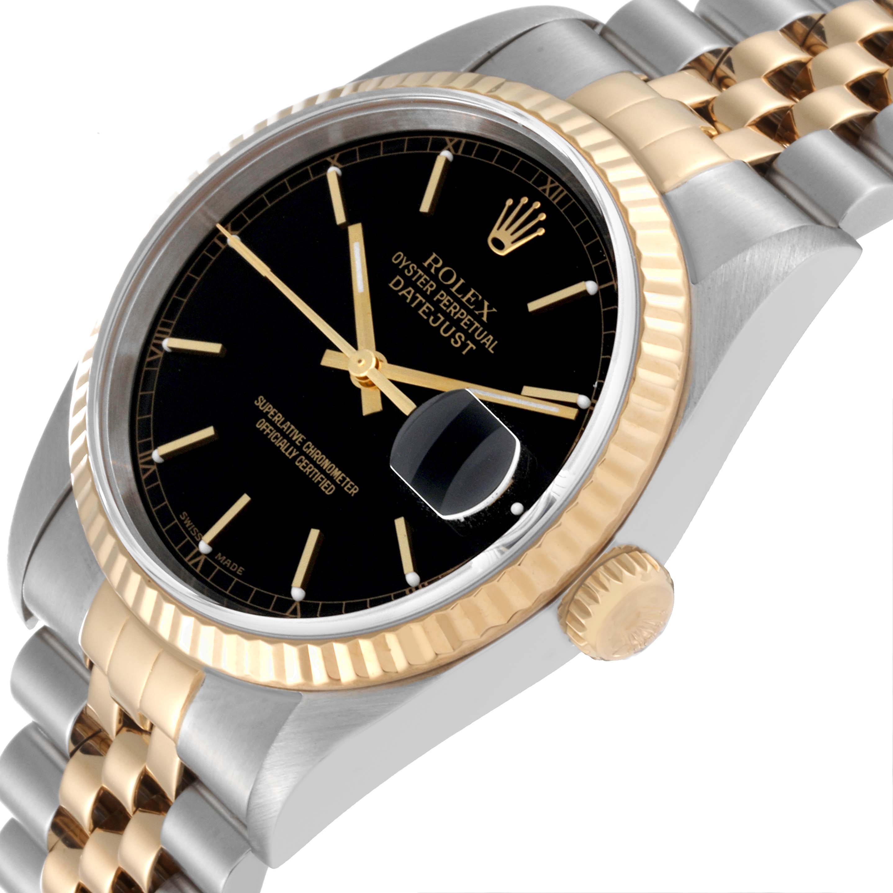 This image shows a close-up angle of the Rolex Datejust 16233 Men's Steel and Gold (two tone) Black Dial 16233 Men's Steel and Gold (two tone) Black Dial, highlighting the dial, fluted bezel, crown, and part of the bracelet.