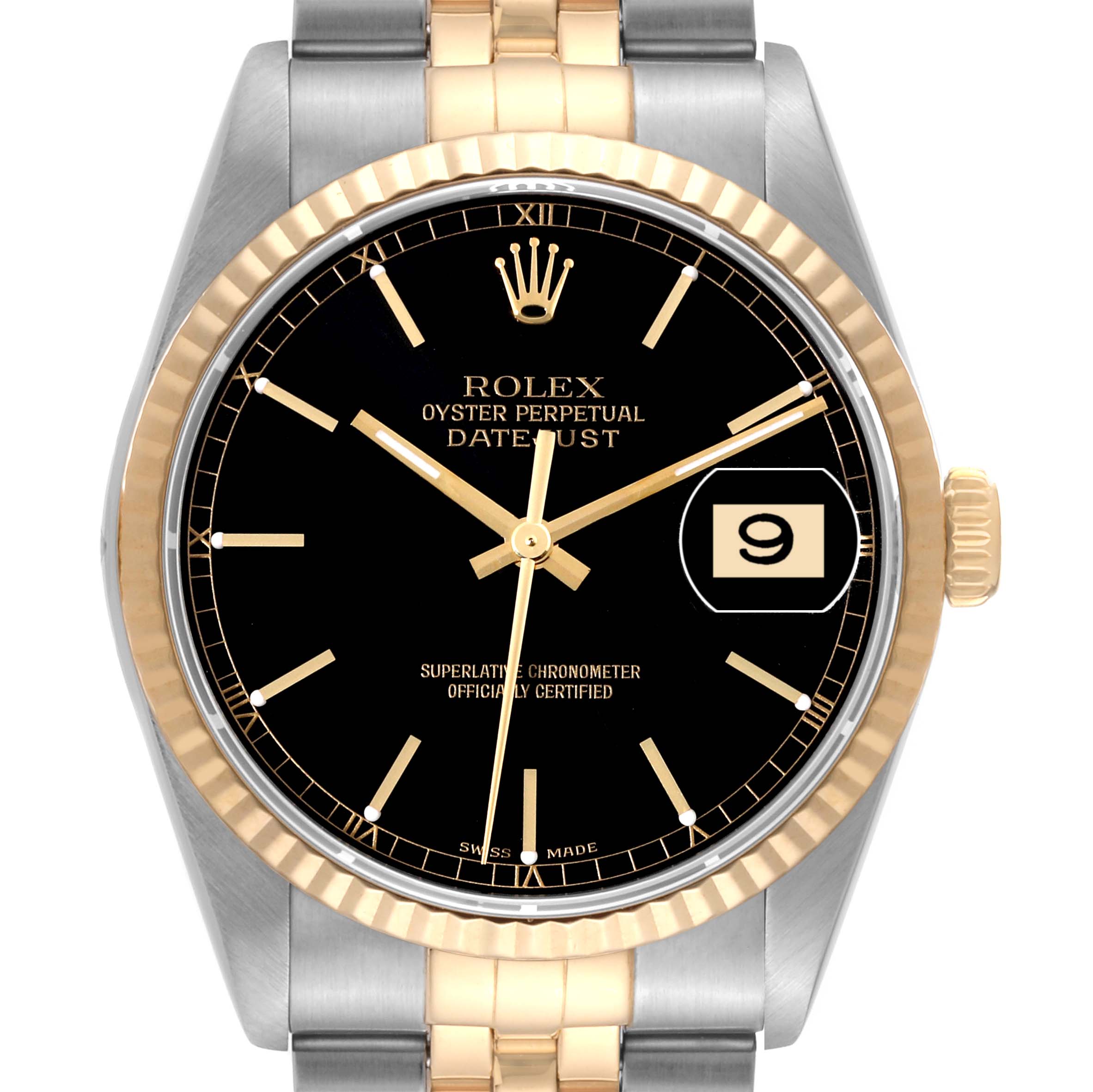 The image shows a front view of the Rolex Datejust 16233 Men's Steel and Gold (two tone) Black Dial 16233 Men's Steel and Gold (two tone) Black Dial watch, highlighting the bezel, crown, dial, hands, and date window.