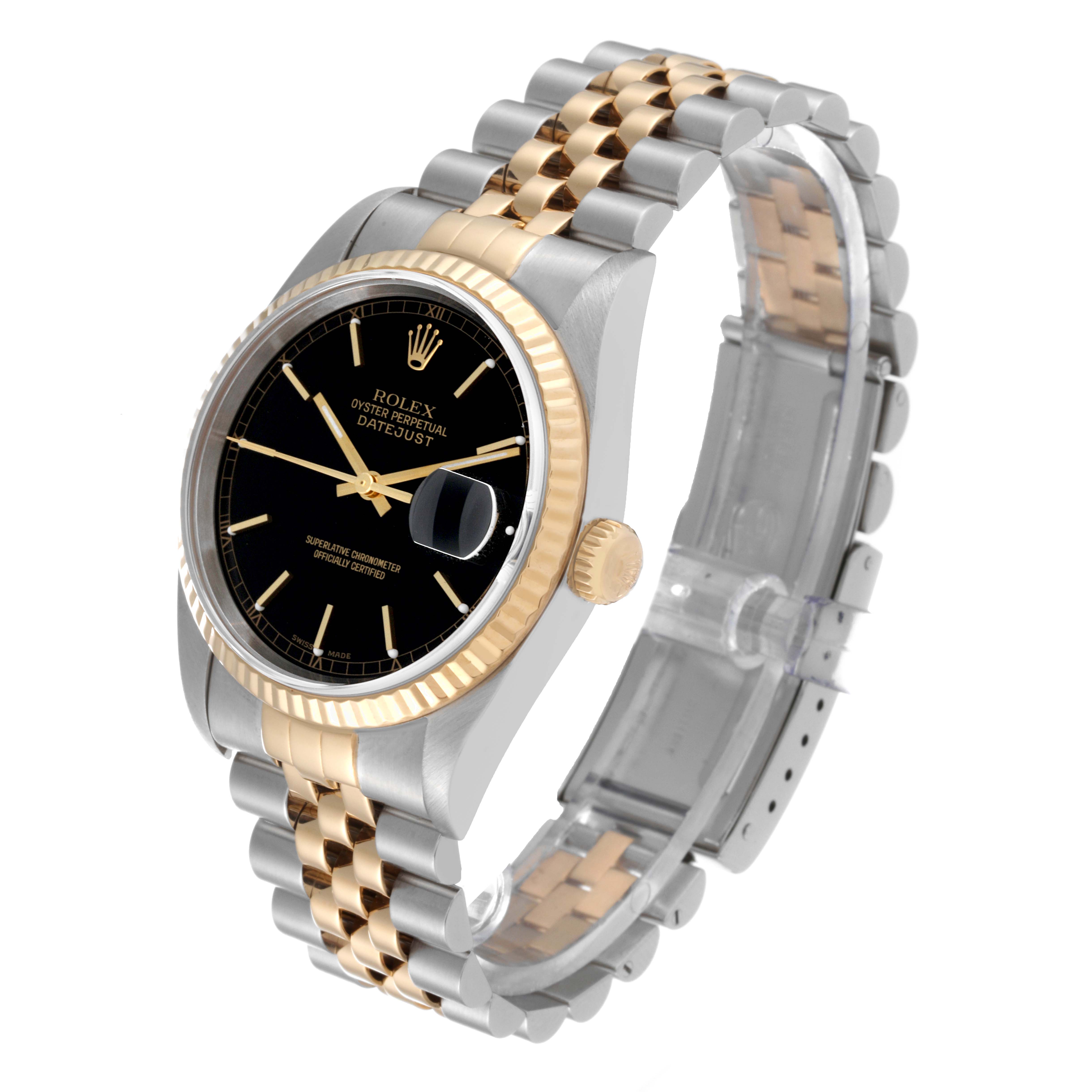 This image shows a Rolex Datejust 16233 Men's Steel and Gold (two tone) Black Dial 16233 Men's Steel and Gold (two tone) Black Dial watch at an oblique angle, highlighting the black dial, fluted bezel, and two-tone jubilee bracelet.