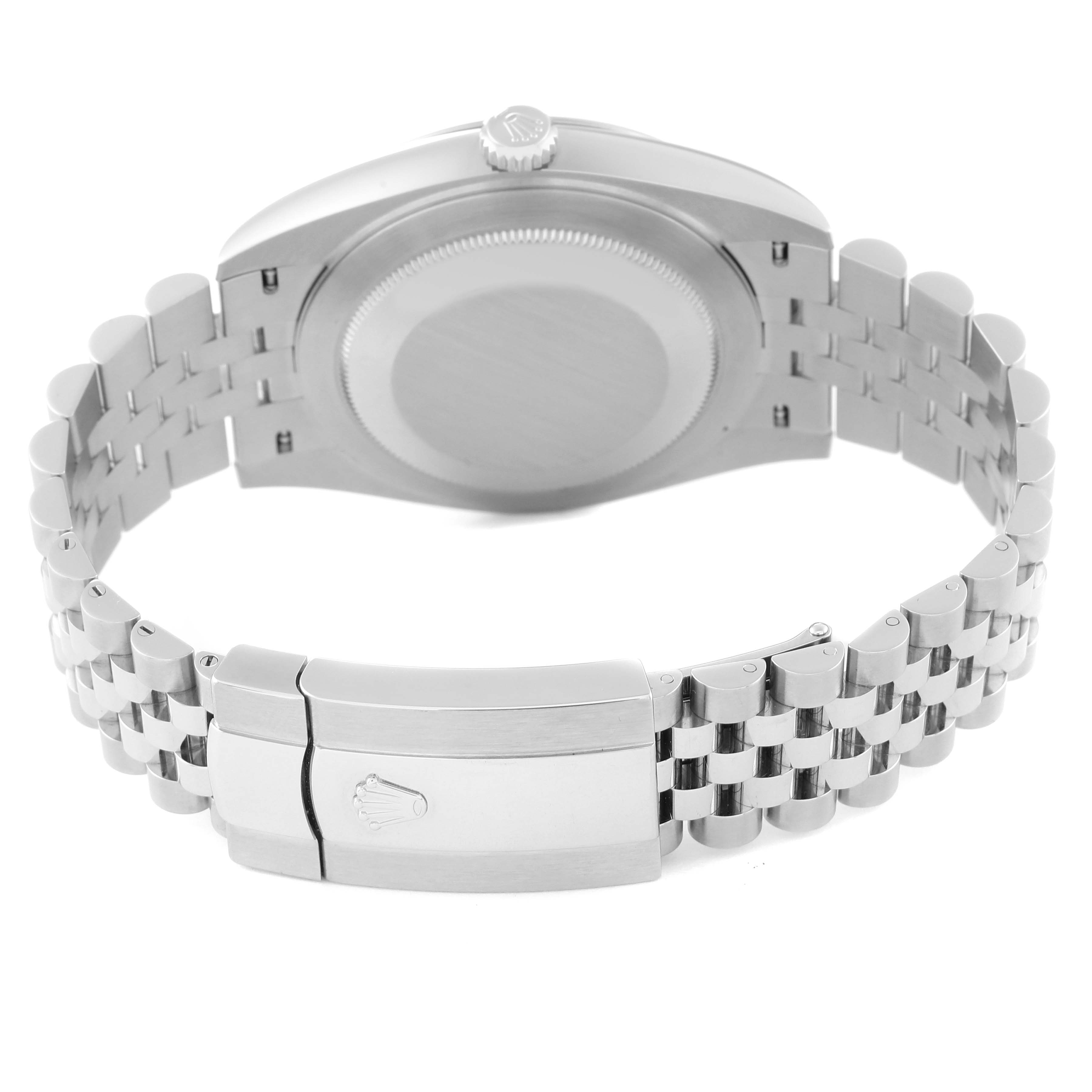 The image shows the backside view of a Rolex Datejust 41 126300 Men
s Stainless Steel Grey Dial 126300 Men
s Stainless Steel Grey Dial watch, highlighting its case back, crown, and jubilee bracelet with the clasp.