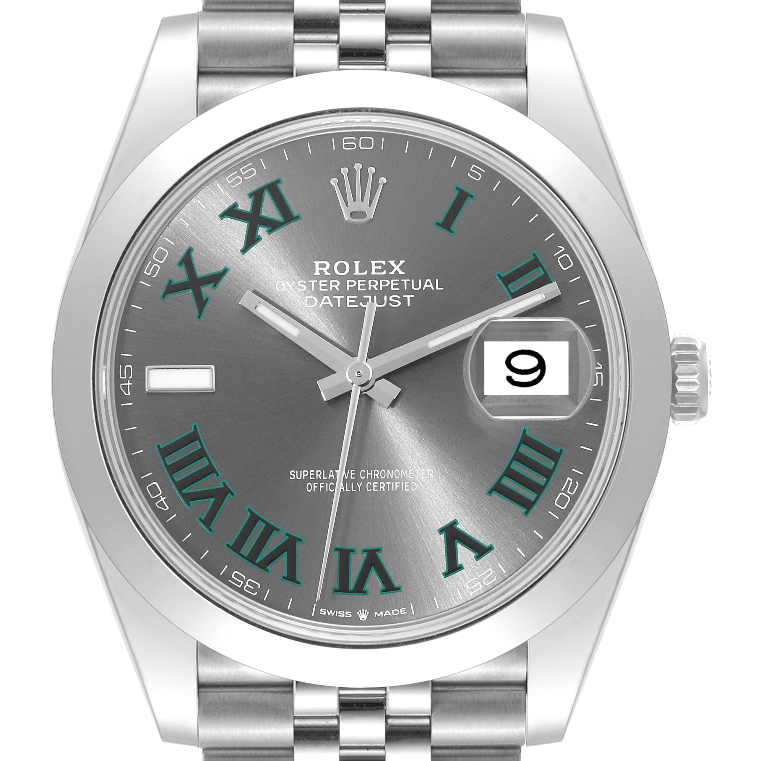 The image shows a front view of a Rolex Datejust 41 126300 Men
s Stainless Steel Grey Dial 126300 Men
s Stainless Steel Grey Dial watch, specifically highlighting the dial, crown, and bracelet.