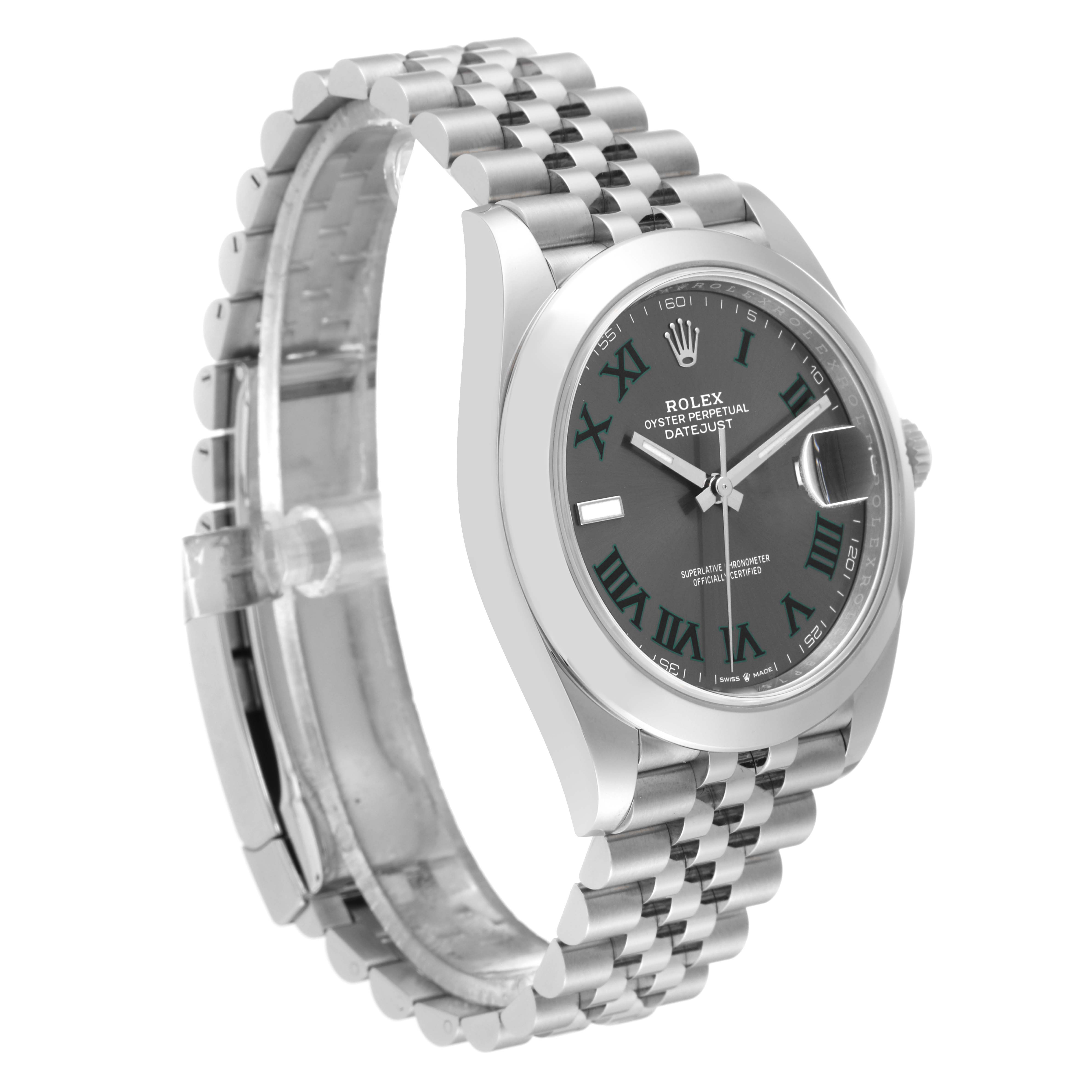 The image shows a side angle of the Rolex Datejust 41 126300 Men
s Stainless Steel Grey Dial 126300 Men
s Stainless Steel Grey Dial watch, highlighting its face, case, and bracelet.