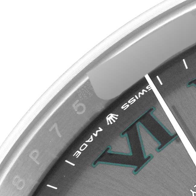 This is a close-up of the dial and part of the bezel showing the Rolex Datejust 41 126300 Men
s Stainless Steel Grey Dial 126300 Men
s Stainless Steel Grey Dial, highlighting the Roman numeral VI and "Swiss Made" text.