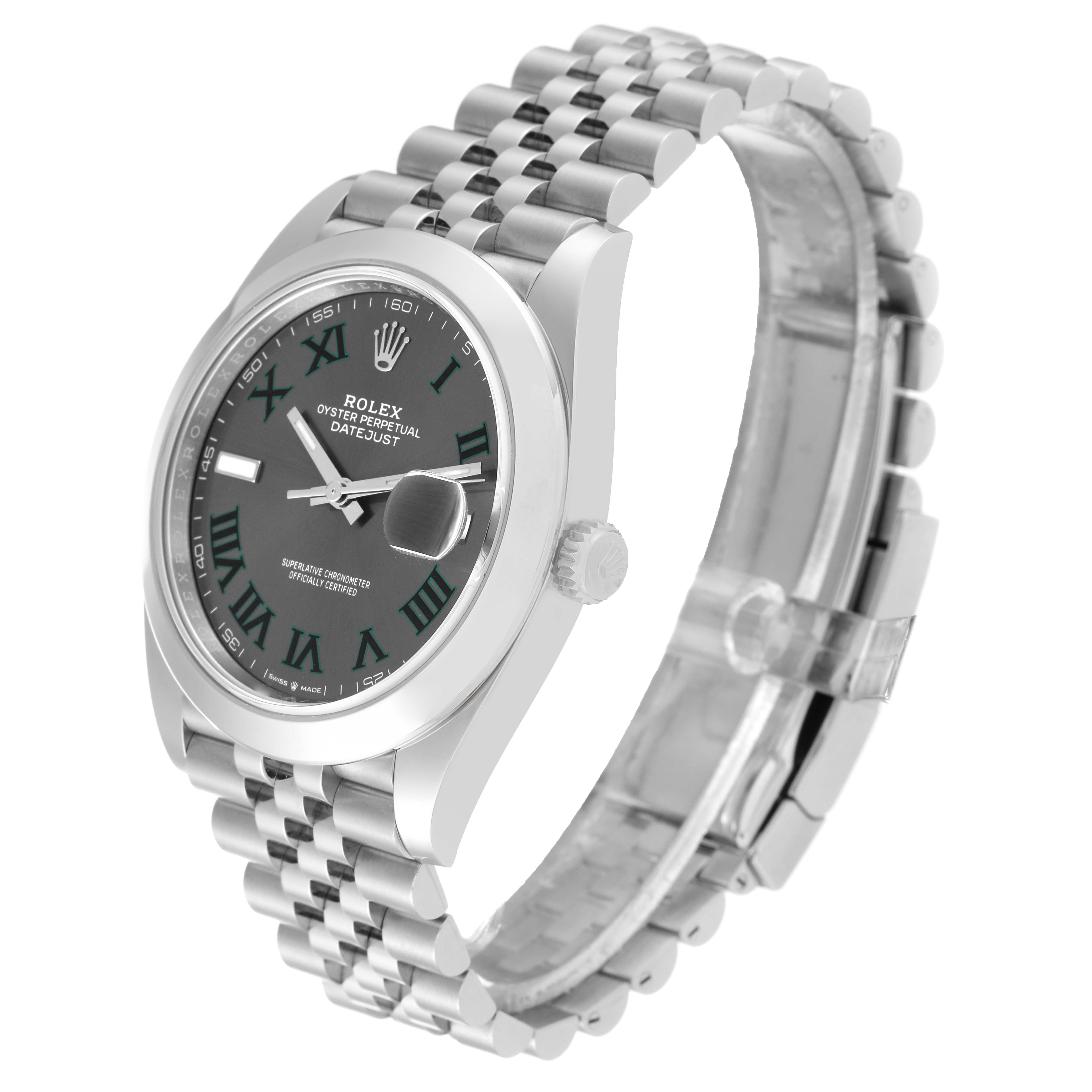 This image shows a three-quarter view of the Rolex Datejust 41 126300 Men
s Stainless Steel Grey Dial 126300 Men
s Stainless Steel Grey Dial, displaying the dial, bezel, crown, and part of the bracelet.