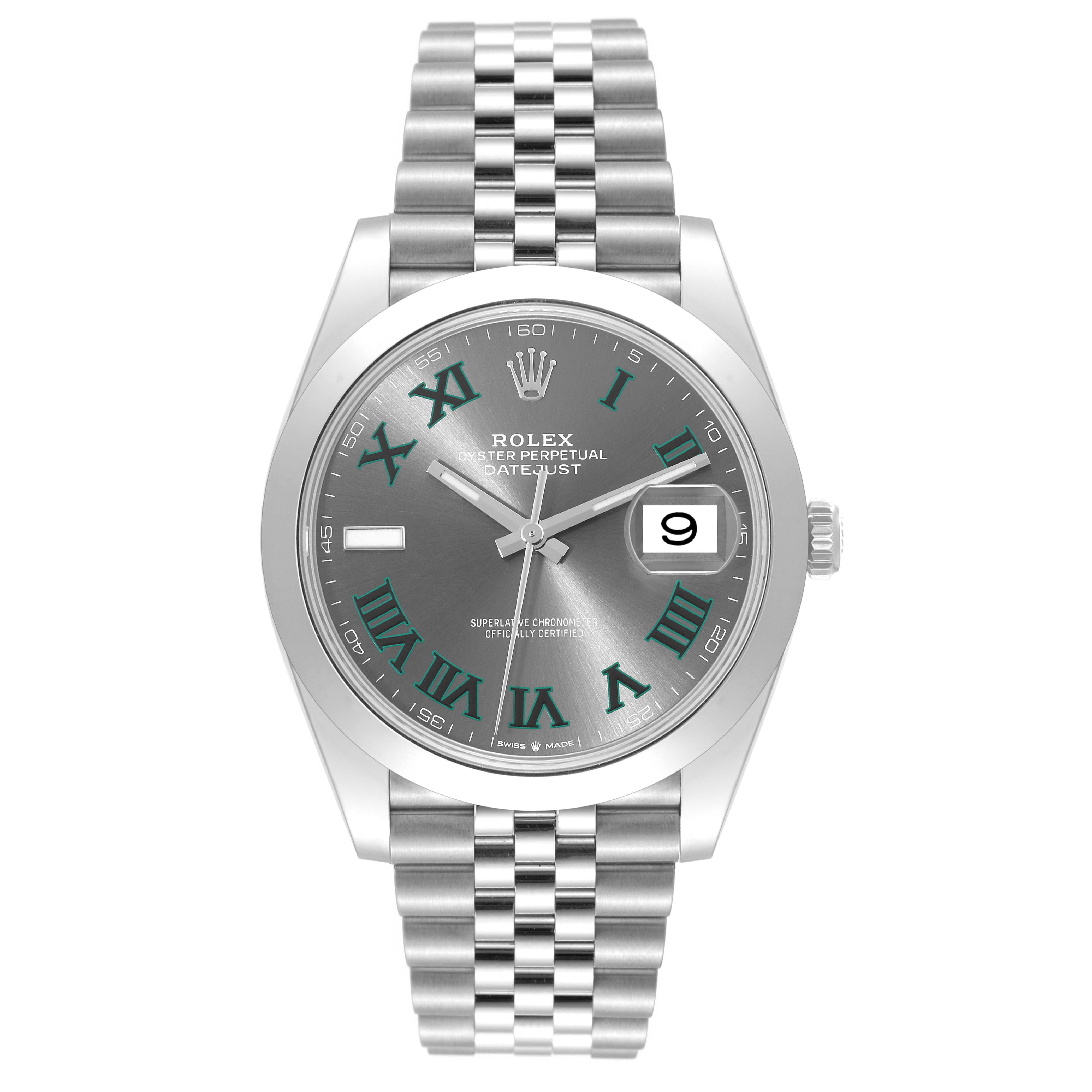 The image shows a front view of the Rolex Datejust 41 126300 Men
s Stainless Steel Grey Dial 126300 Men
s Stainless Steel Grey Dial watch, highlighting its dial, bezel, and bracelet.