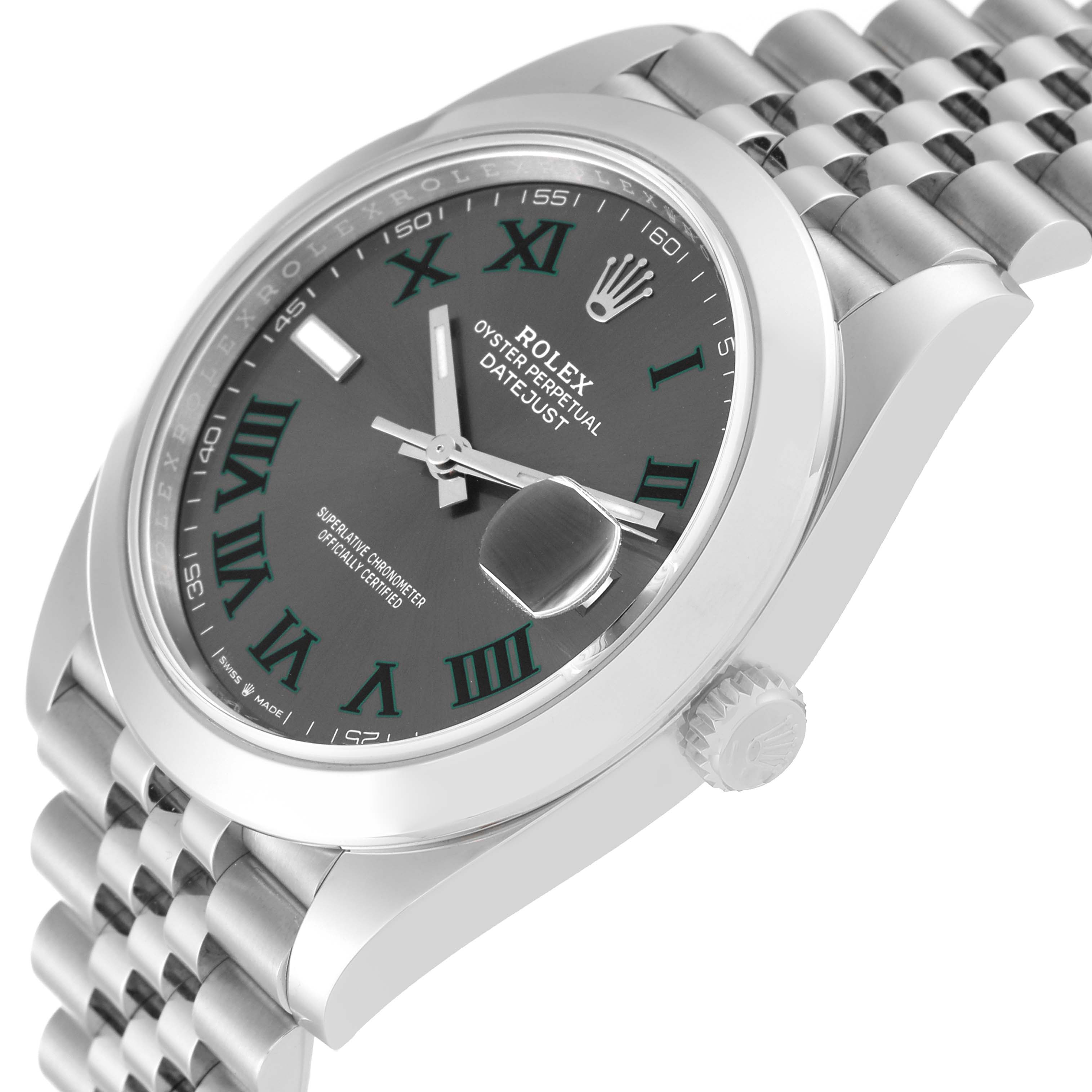 This image shows a side angle of a Rolex Datejust 41 126300 Men
s Stainless Steel Grey Dial 126300 Men
s Stainless Steel Grey Dial watch, highlighting the dial, bezel, crown, and part of the bracelet.