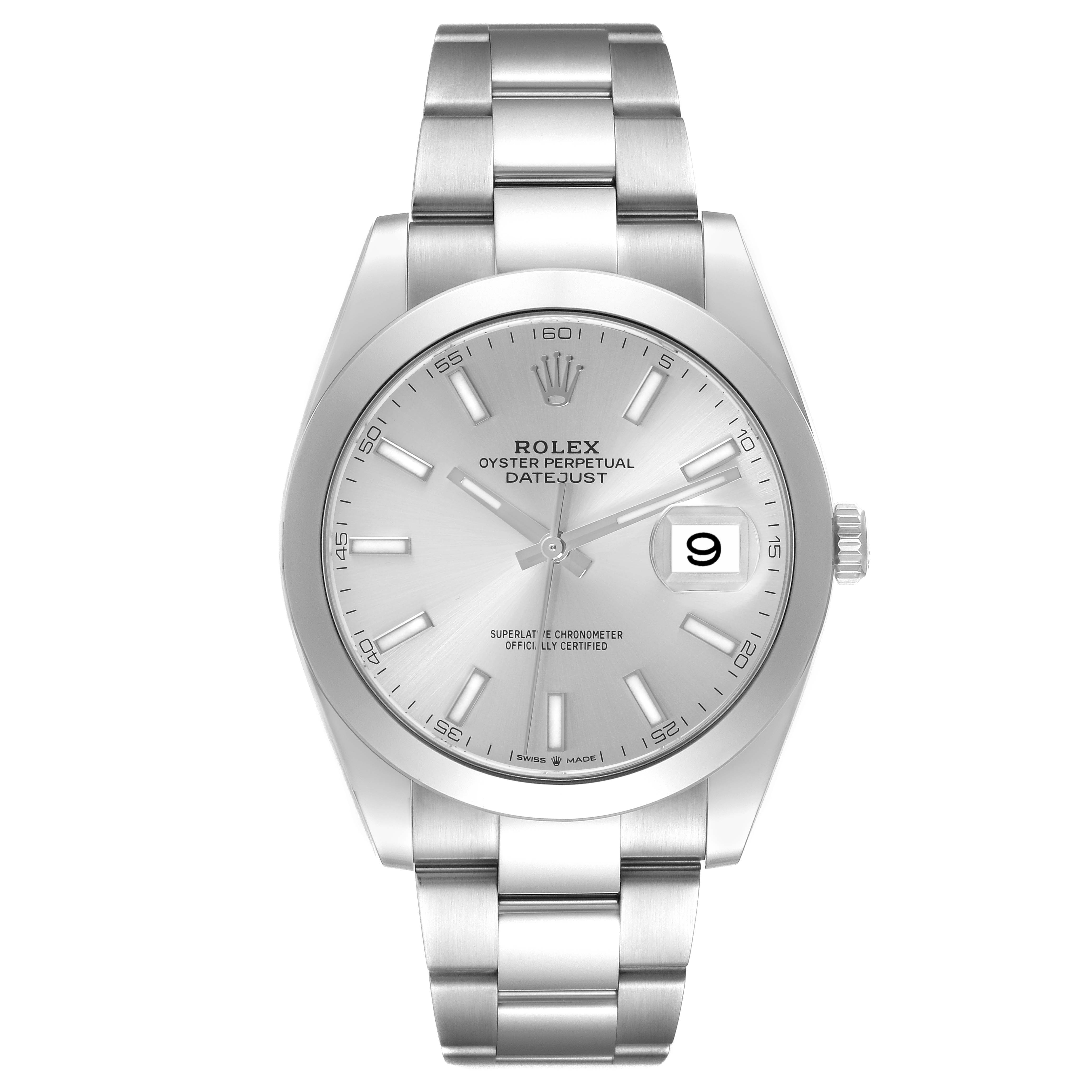 The Rolex Datejust 41 126300 Men
s Stainless Steel Silver Dial 126300 Men
s Stainless Steel Silver Dial watch is shown from a straight-on angle, displaying the dial, bezel, bracelet, and date window.