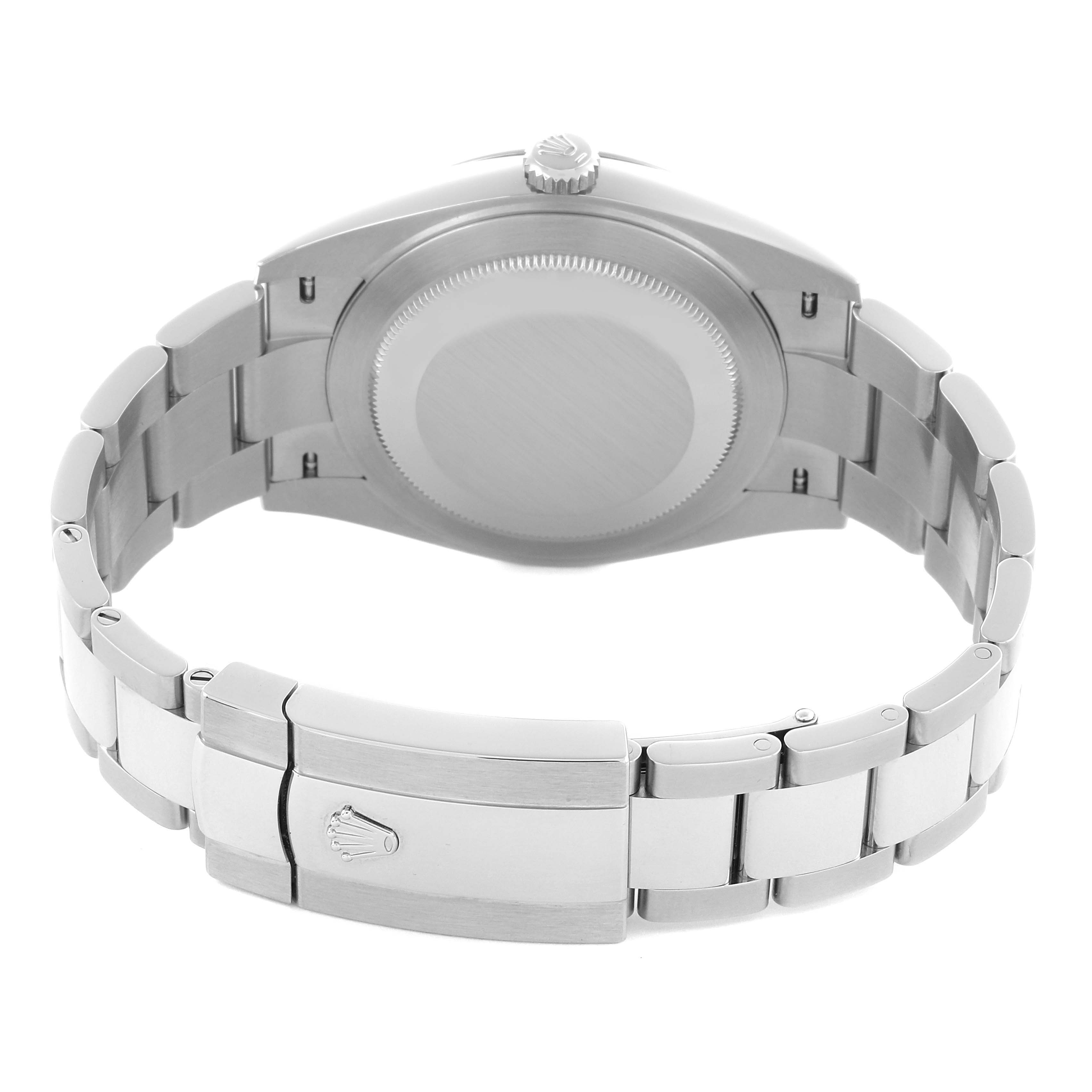 The image shows the back view of a Rolex Datejust 41 126300 Men
s Stainless Steel Silver Dial 126300 Men
s Stainless Steel Silver Dial, highlighting the case back and the bracelet clasp.