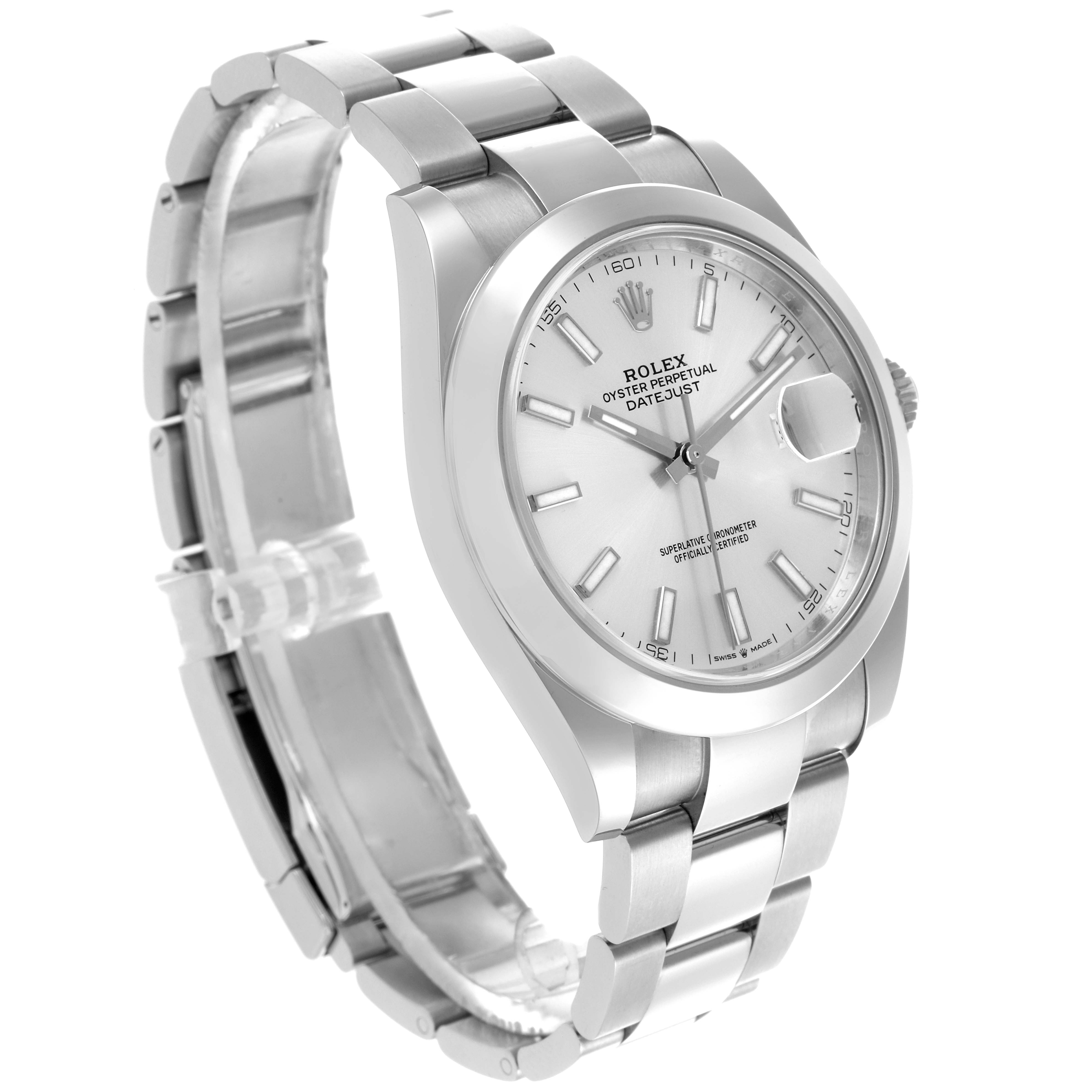 The Rolex Datejust 41 126300 Men
s Stainless Steel Silver Dial 126300 Men
s Stainless Steel Silver Dial is shown at a three-quarter angle, highlighting the dial, case, and bracelet.