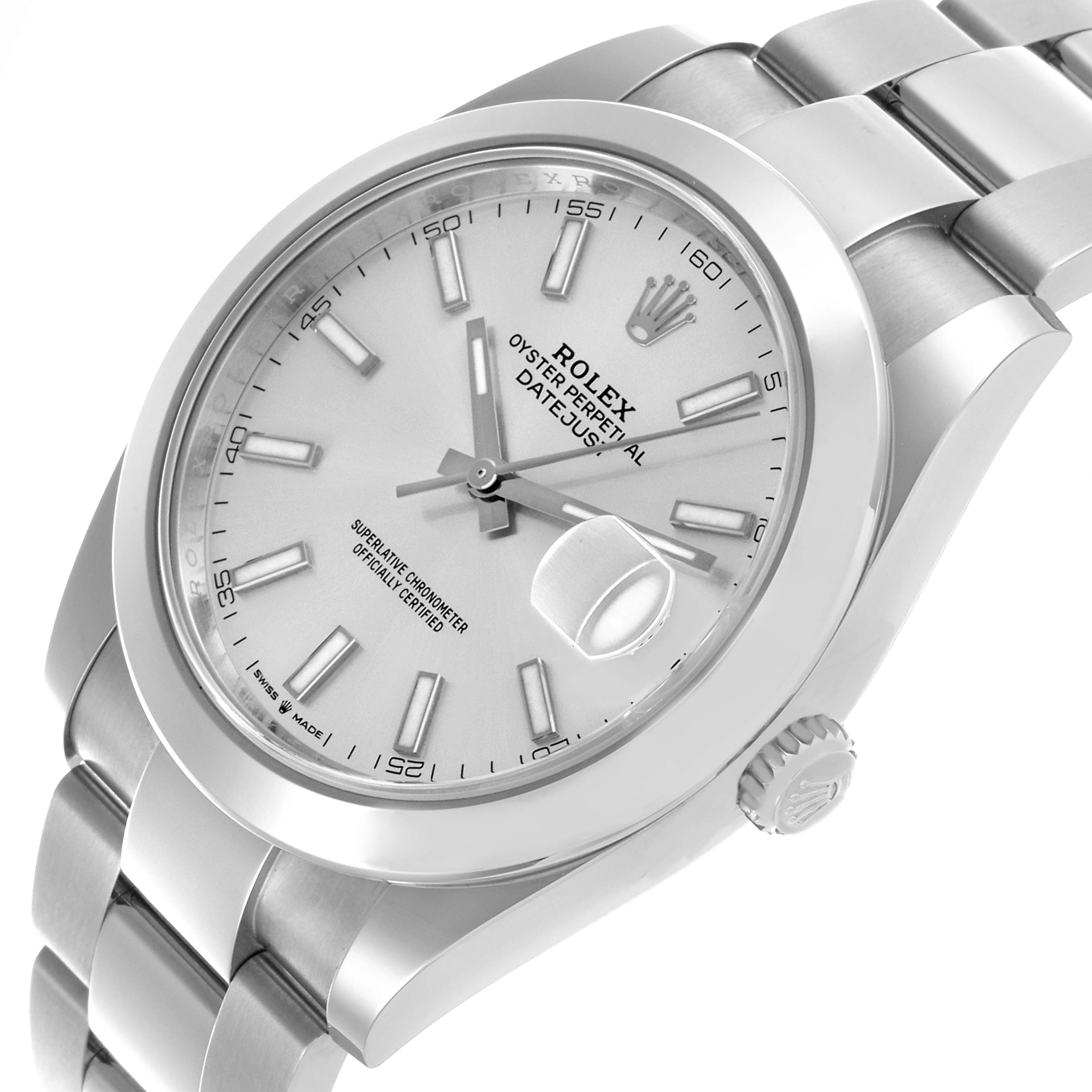The Rolex Datejust 41 126300 Men
s Stainless Steel Silver Dial 126300 Men
s Stainless Steel Silver Dial is shown at an angled top view, highlighting its face, bezel, bracelet, and crown.
