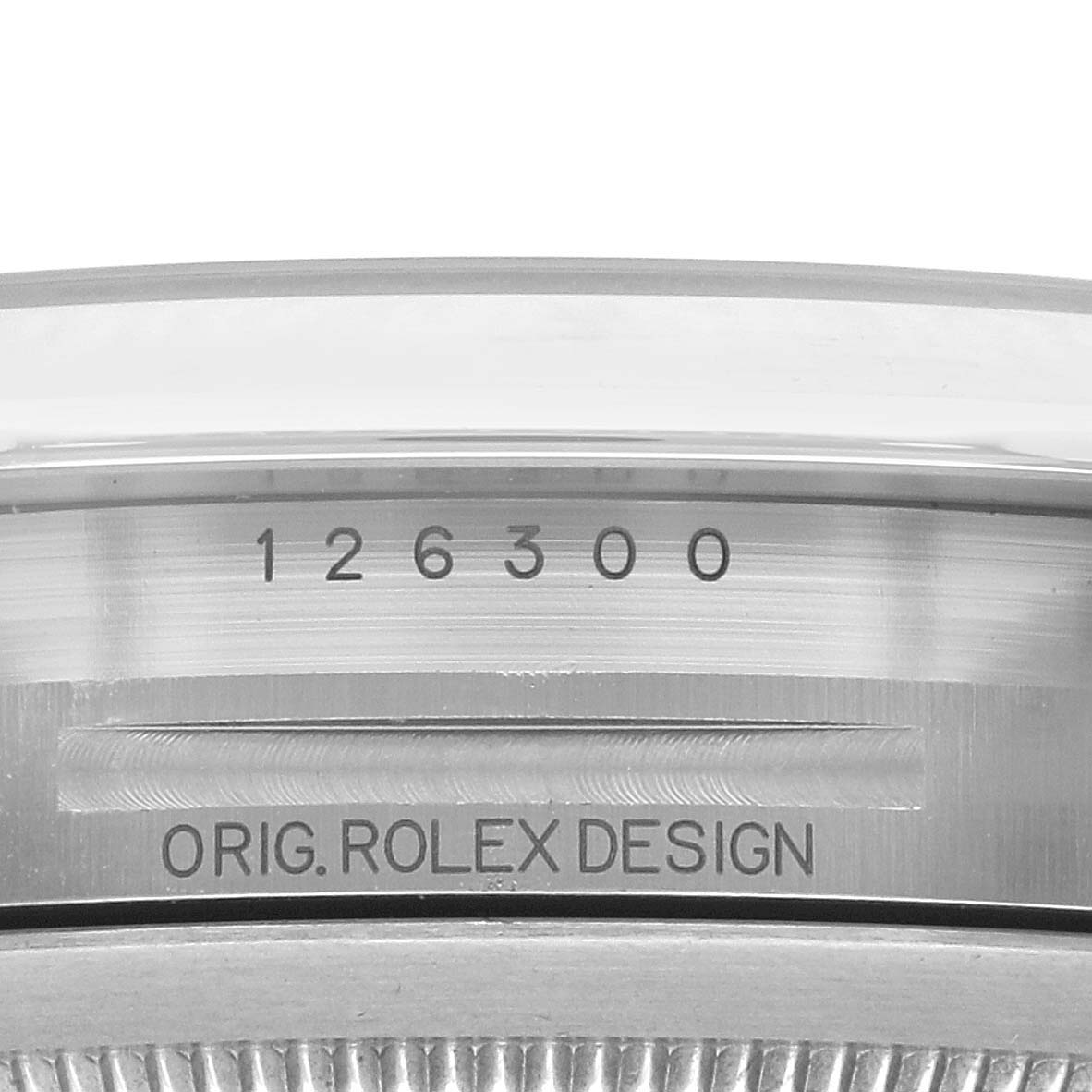 The image shows the side view of the Rolex Datejust 41 126300 Men
s Stainless Steel Silver Dial 126300 Men
s Stainless Steel Silver Dial, highlighting the model number "126300" and "ORIG. ROLEX DESIGN" engraving.
